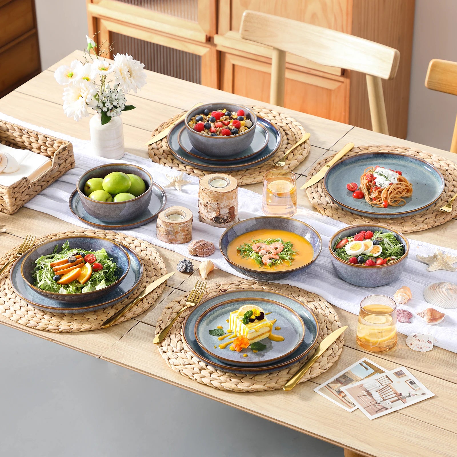 Serviesset 12-24 Delig Grijs-Blauw – Keramiek Aardewerk Servies met Reactief Glazuur voor 4-12 Personen