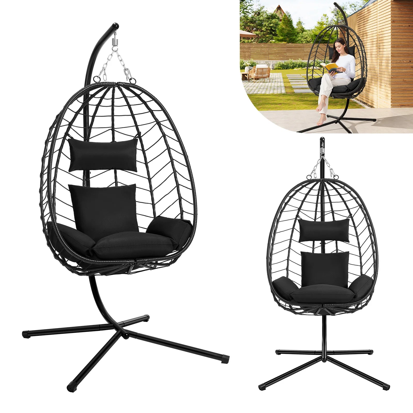 Egg Chair Hangstoel met Standaard – Schommelstoel voor Tuin, Balkon & Woonkamer – Inclusief Kussen en Hoofdsteun – Belastbaar tot 150 kg