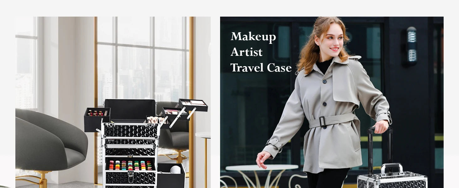 Professionele Rollende Make-up Koffer met Wielen en Laden – Grote Train Case voor Cosmetica – Reiskoffer voor Schoonheidsspecialisten