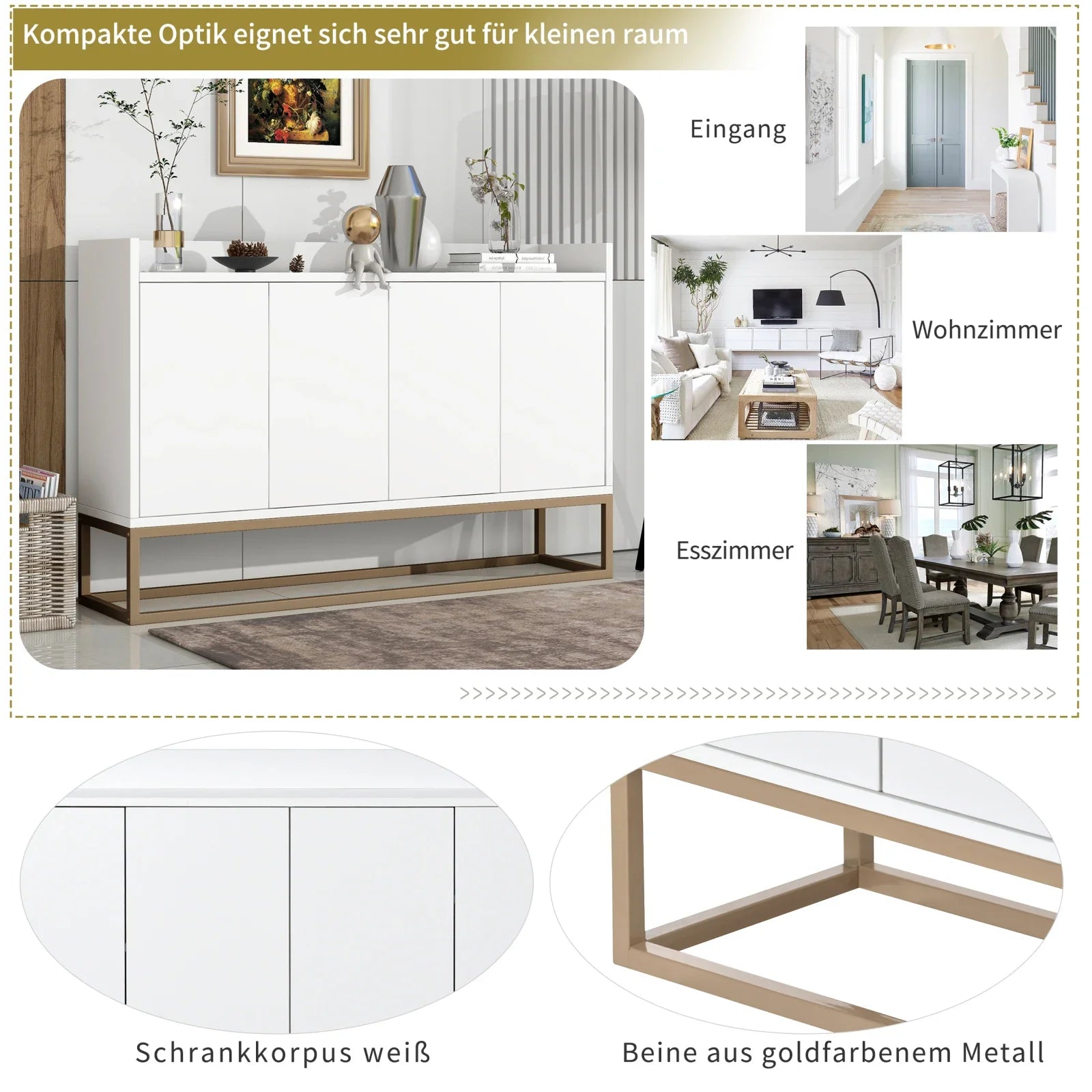 Minimalistische Dressoirkast 4 Deuren met Slot – Opbergkast Metaal & MDF – Moderne Buffetkast voor Woonkamer en Eetkamer