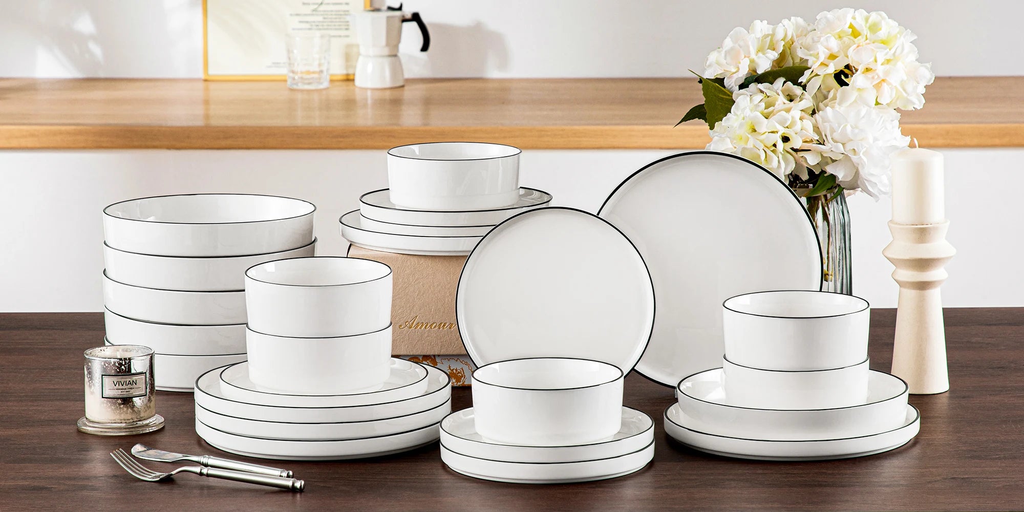 Serviesset wit met zwarte rand – 12/16/18/24 Delig Keramisch Servies - Serviesset met Borden & Kommen