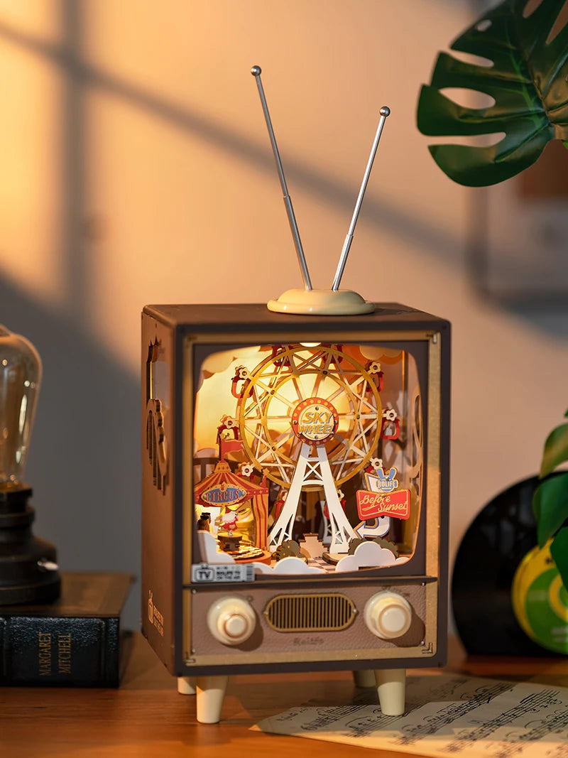 3D Houten Muziekdoos Reuzenrad met Licht – Sunset Carnival Nachtlampje en Decoratie – USB Oplaadbaar voor Woonkamer en Slaapkamer