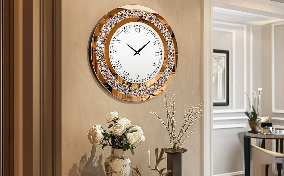 Ronde Zilveren Spiegelklok 60 cm – Luxe Wandklok met Romeinse Cijfers & Crushed Diamant Design