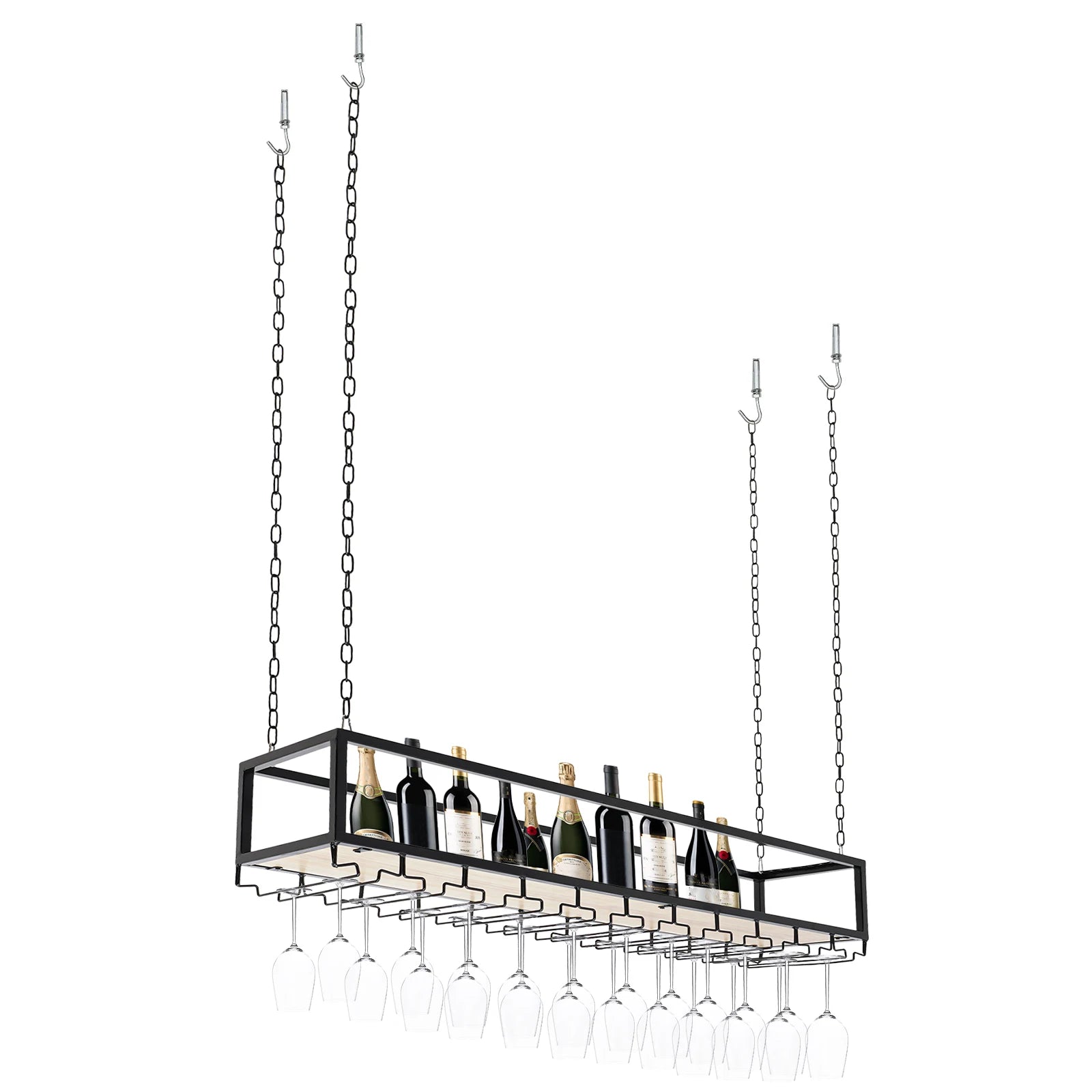 Hangend Wijnrek Industrieel met Glazenhouder – Vintage Plafond Wijnrek Metaal & Hout