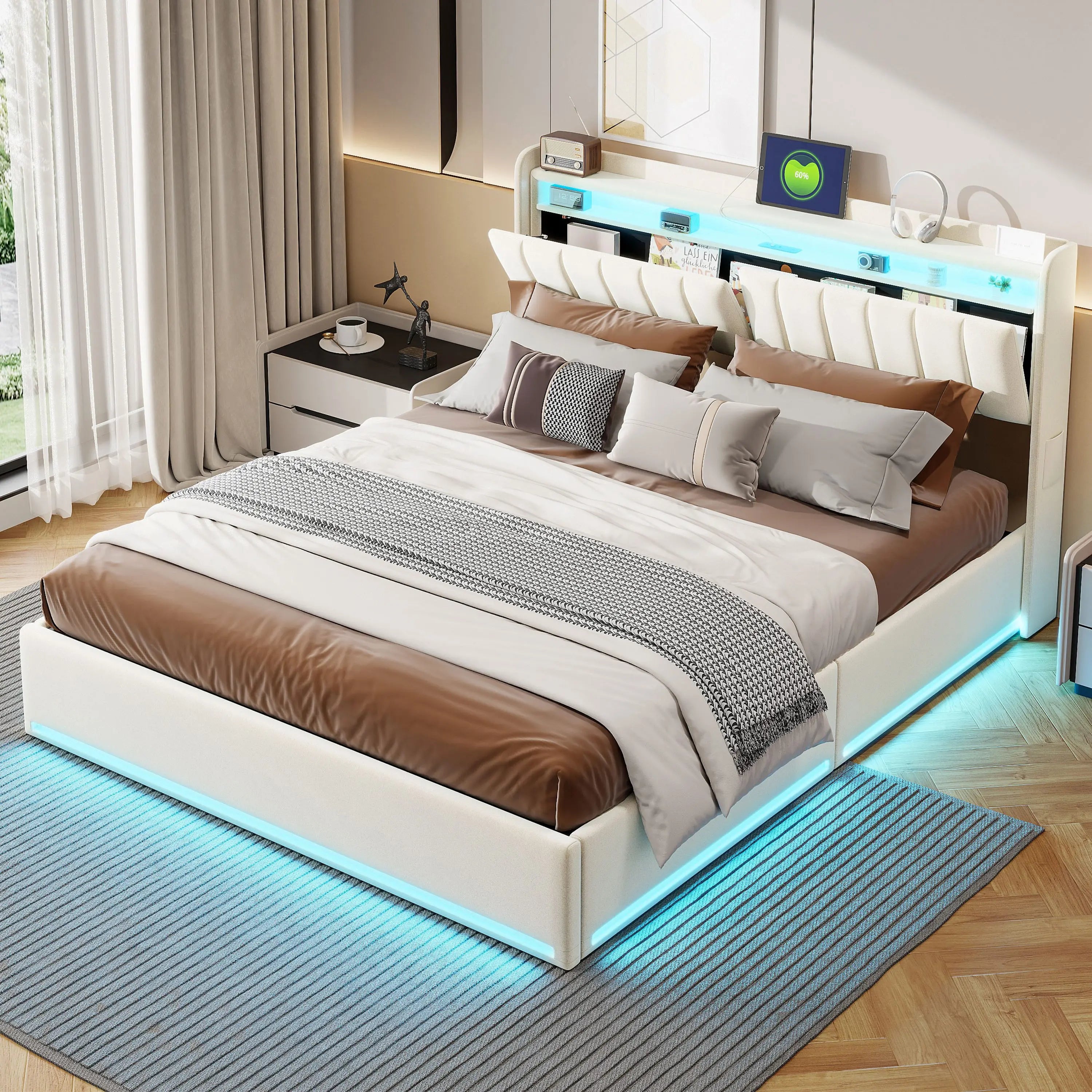 Tweepersoonsbed met geïntegreerde LED‑verlichting, USB‑oplaadfuncties en opbergruimte – Modern en functioneel bedframe