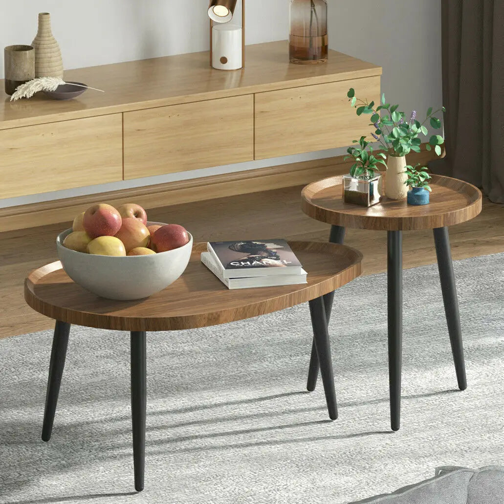 Moderne Set van 2 Ronde Salontafels – Nesting Bijzettafels met Houtlook Blad en Zwarte Metalen Poten – Industriële Salontafel Set