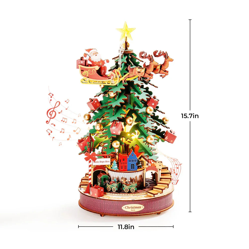 3D Houten Kerstboom Muziekdoos met Licht – DIY Kerstpuzzel met Kerstmelodieën – Decoratieve Kerst Muziekdoos voor Tafeldecoratie en Cadeau