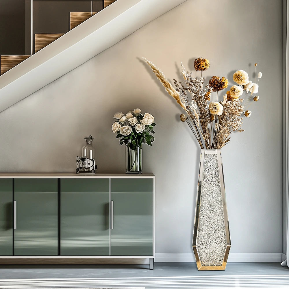 Luxe Zilveren Vloervaas met Diamant Design – Grote Glazen Kristal Bloemenvaas – Modern & Hotel Chique Interieur