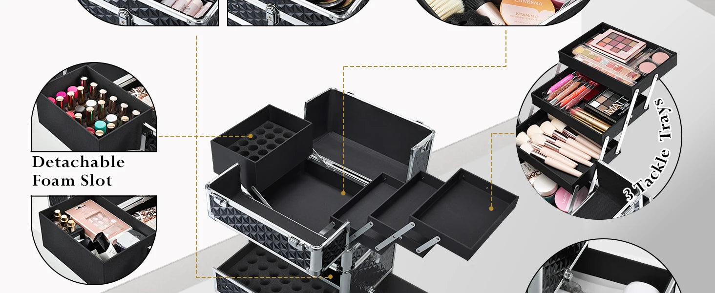 Professionele Rollende Make-up Koffer met Wielen en Laden – Grote Train Case voor Cosmetica – Reiskoffer voor Schoonheidsspecialisten