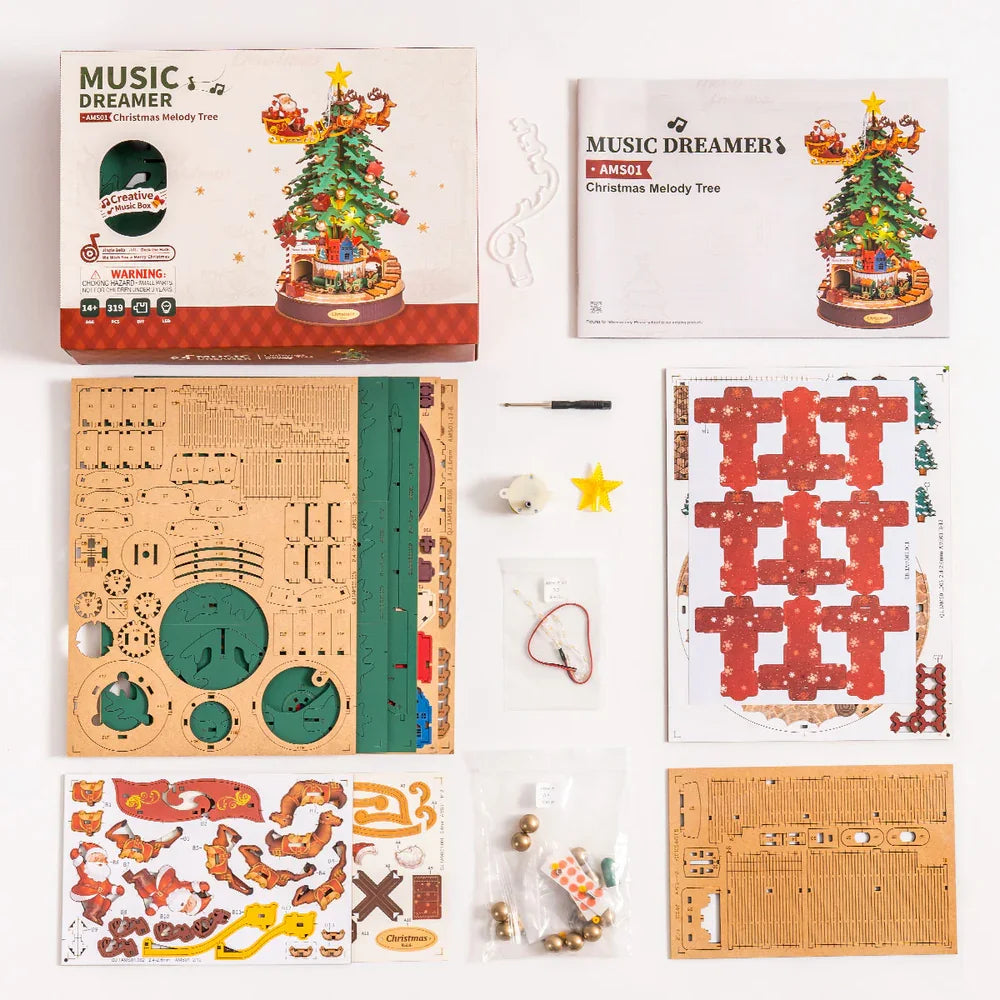 3D Houten Kerstboom Muziekdoos – DIY Puzzel met Licht en Feestelijke Kerstmelodieën – Origineel Cadeau voor Volwassenen en Kinderen