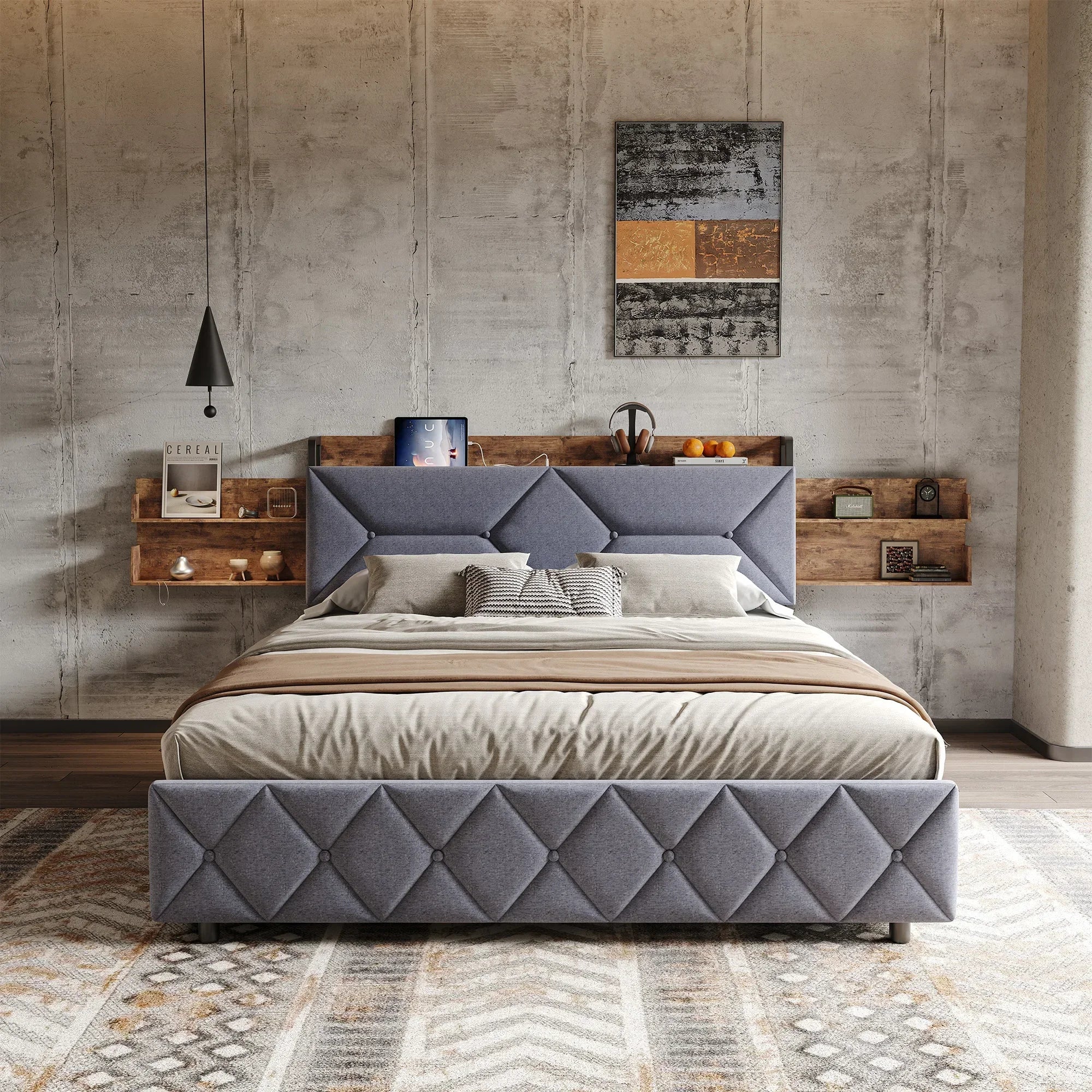 Gestoffeerd tweepersoonsbed met LED‑verlichting, USB‑oplaadfunctie en 4 lades – ideaal voor moderne slaapkamers