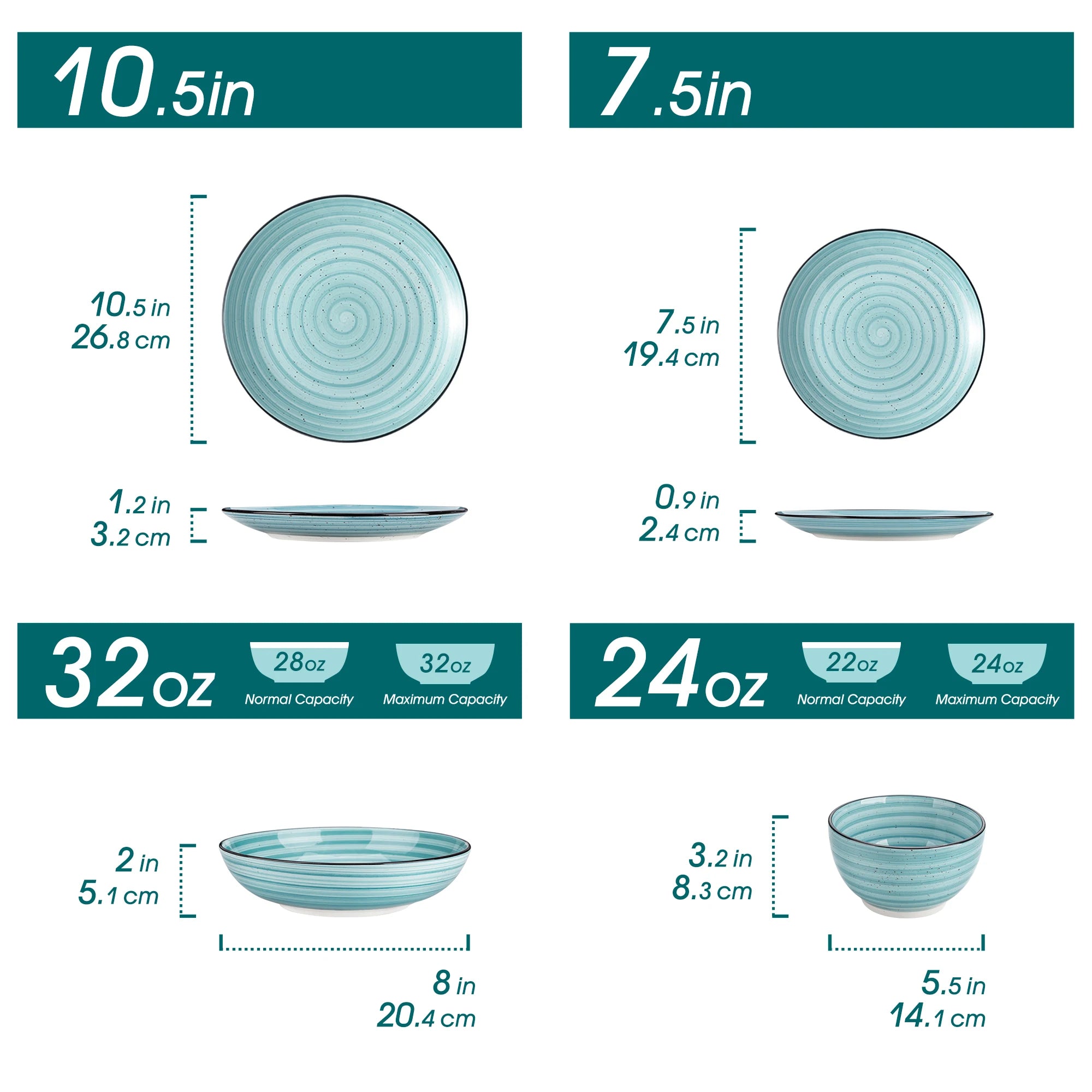 Serviesset 24-delig Blauw – Handgeschilderd Keramiek Servies met Spiralen voor 6 Personen