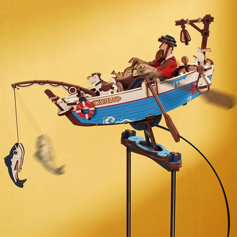 3D Houten Puzzel Vissersboot – DIY Bouwpakket met Bewegende Onderdelen – Mechanische Modelboot Decoratie en Creatief Cadeau 14+