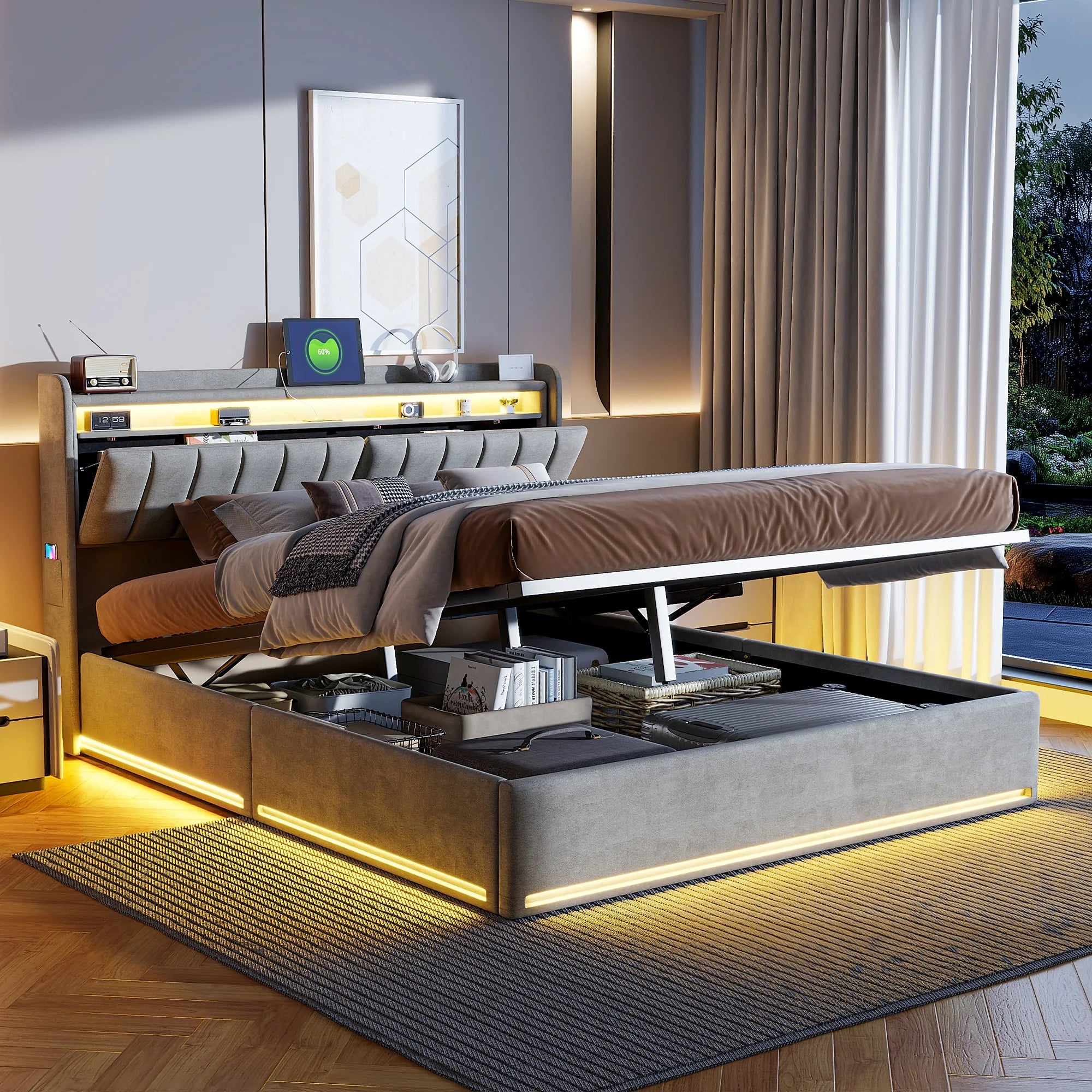 Tweepersoonsbed met geïntegreerde LED‑verlichting, USB‑oplaadfuncties en opbergruimte – Modern en functioneel bedframe