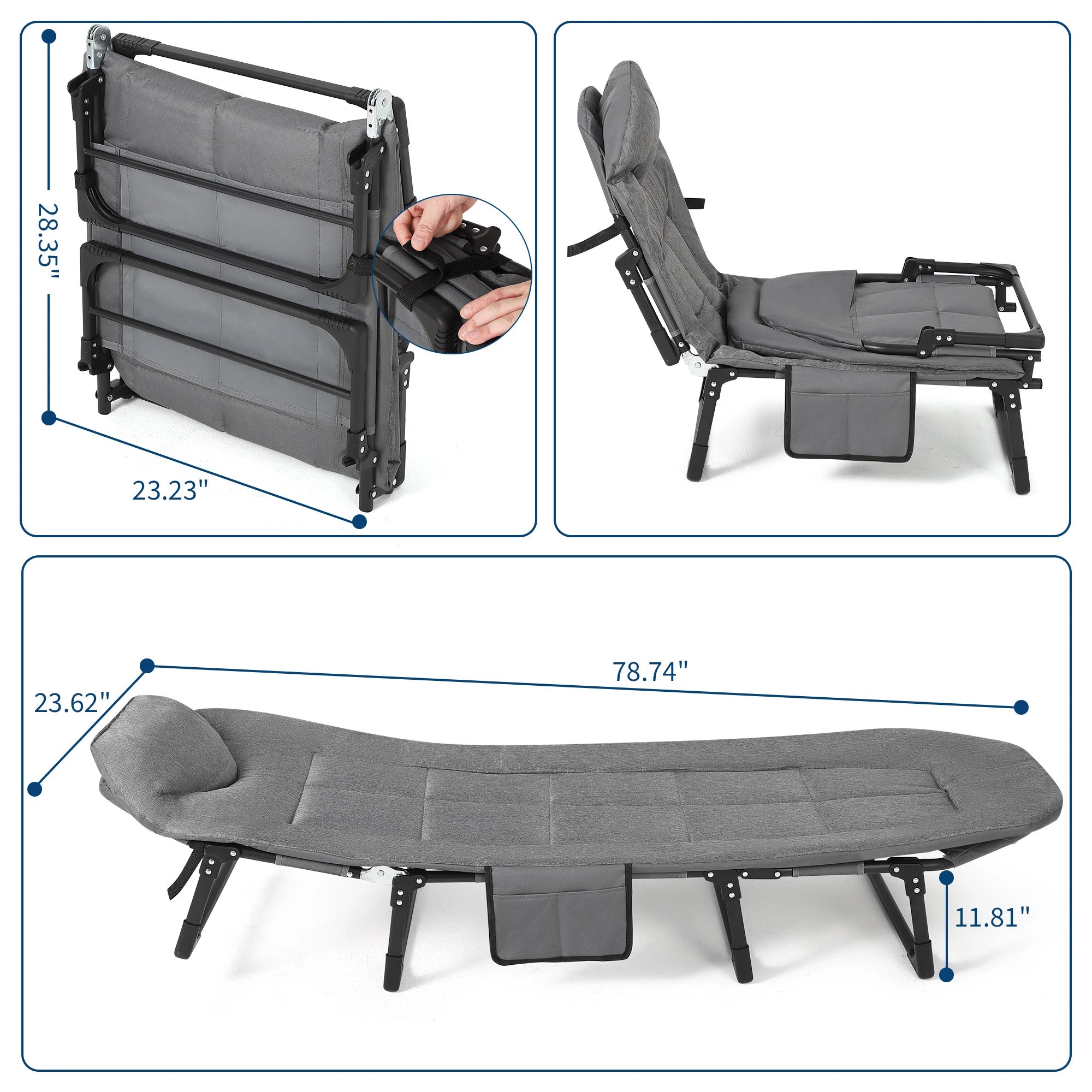 Draagbaar Campingbed met Matras en Kussen – Opvouwbaar Ligbed met Verstelbare Rugleuning en Zijvak