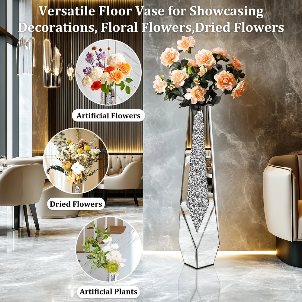 Grote Crushed Diamond Vloervaas – Luxe Spiegel Vaas met Kristal Effect – Moderne Zilveren Bloemenvaas 85 cm