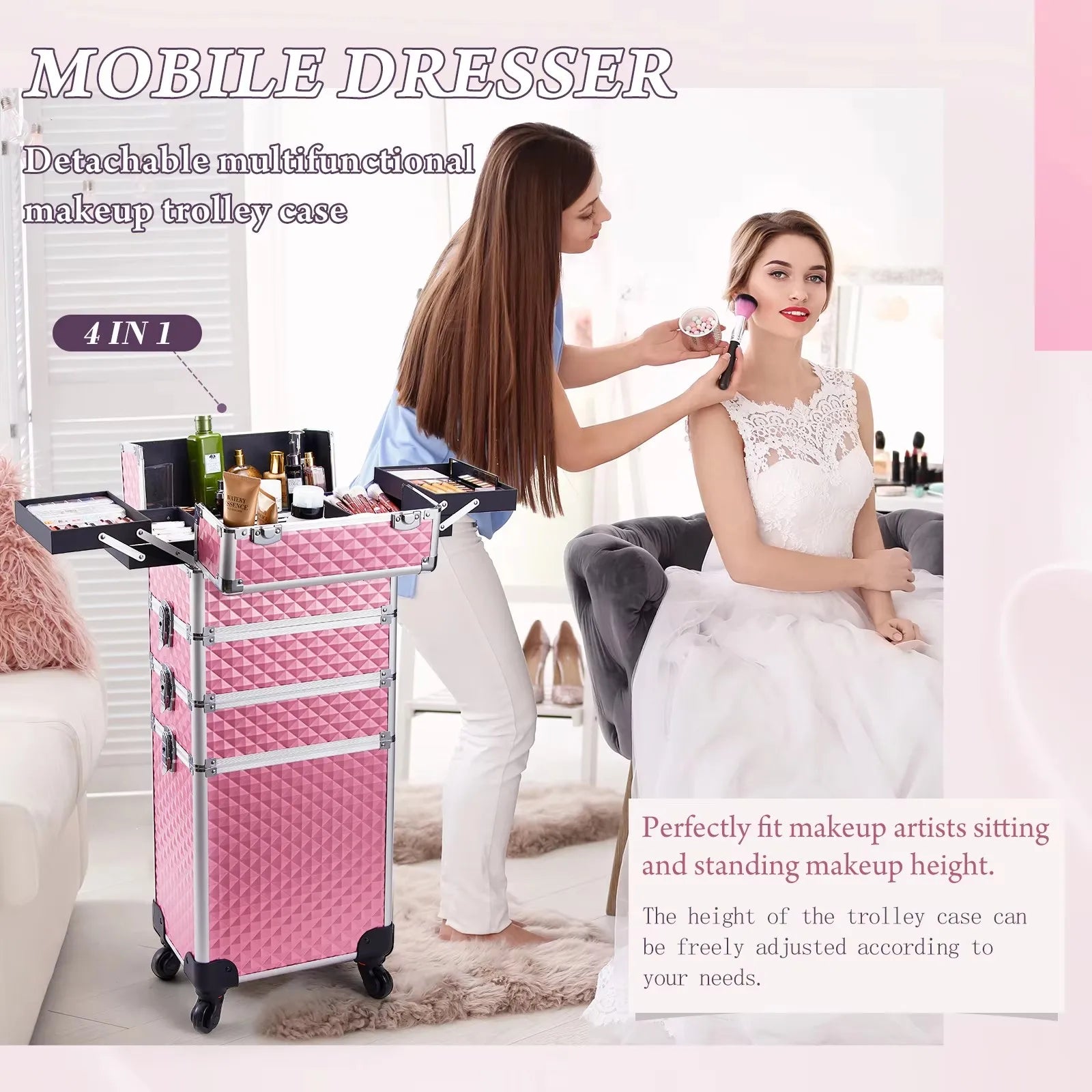 Professionele Make-up Trolley Koffer 4-in-1 – Aluminium Opbergkoffer met Wieltjes en Afneembare Compartimenten – Voor Cosmetica, Nageltools en Reis