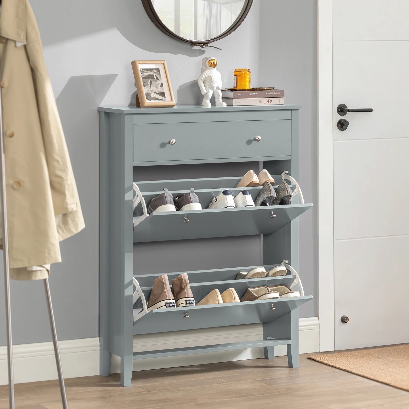 Smal Schoenenkast met 2 Kleppen en Lade – 80x25x108 cm – Praktische Opbergoplossing