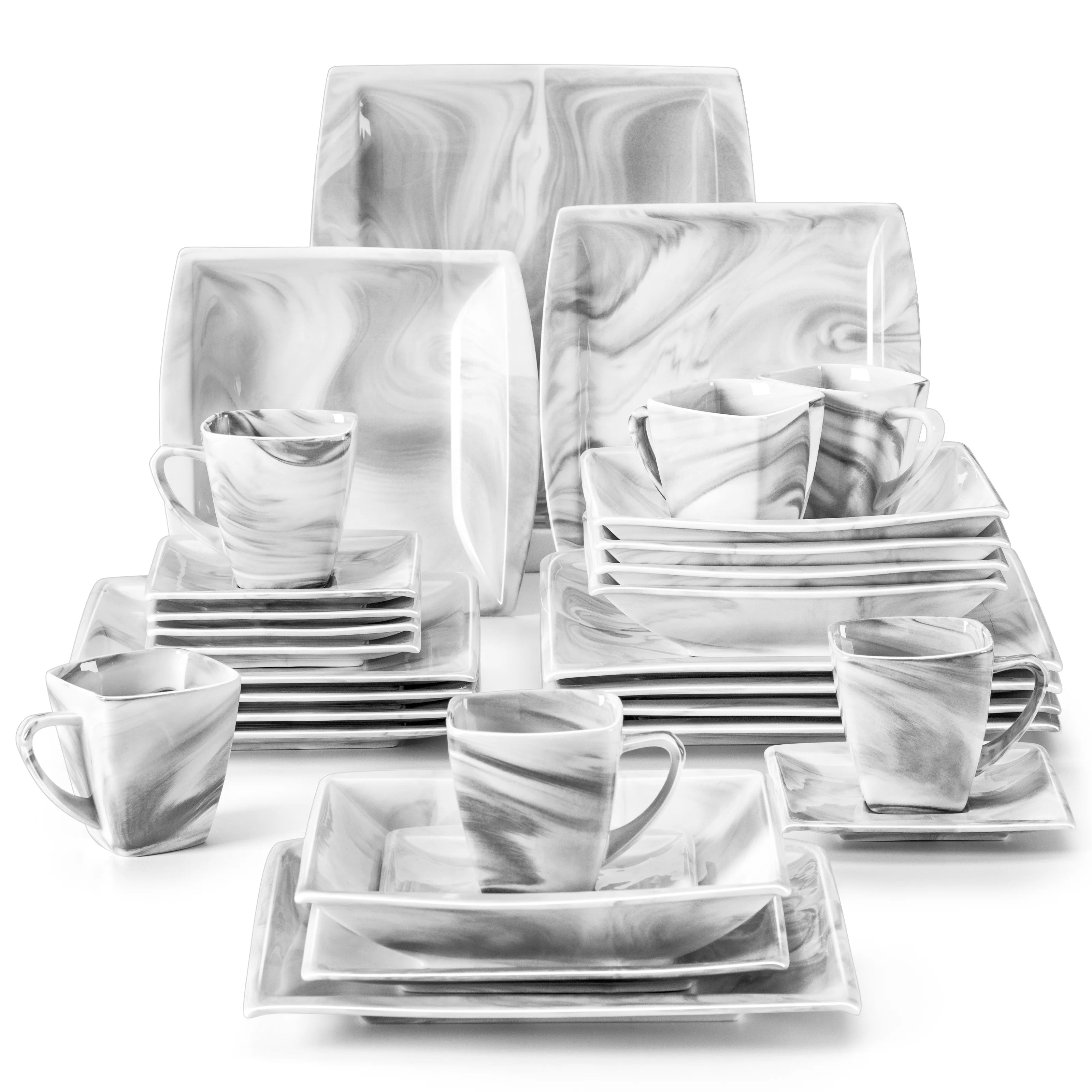 Marmergrijze porseleinen serviesset – servies voor 12 personen met kopjes, schoteltjes, dessertborden, soepborden en dinerborden.