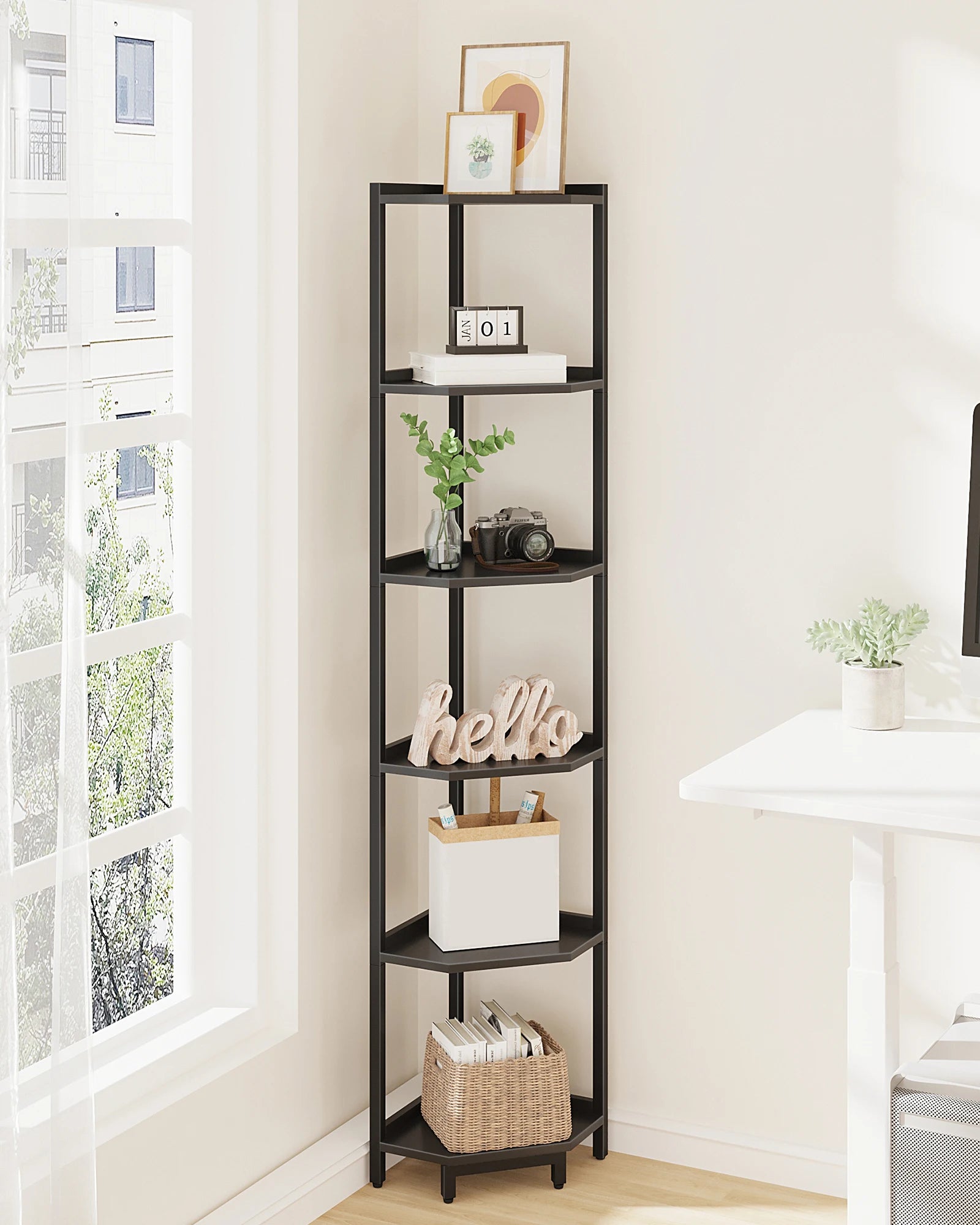 Hoekrek met 6 Planken – Open Boekenplank en Opslagrek voor Woonkamer en Kantoor