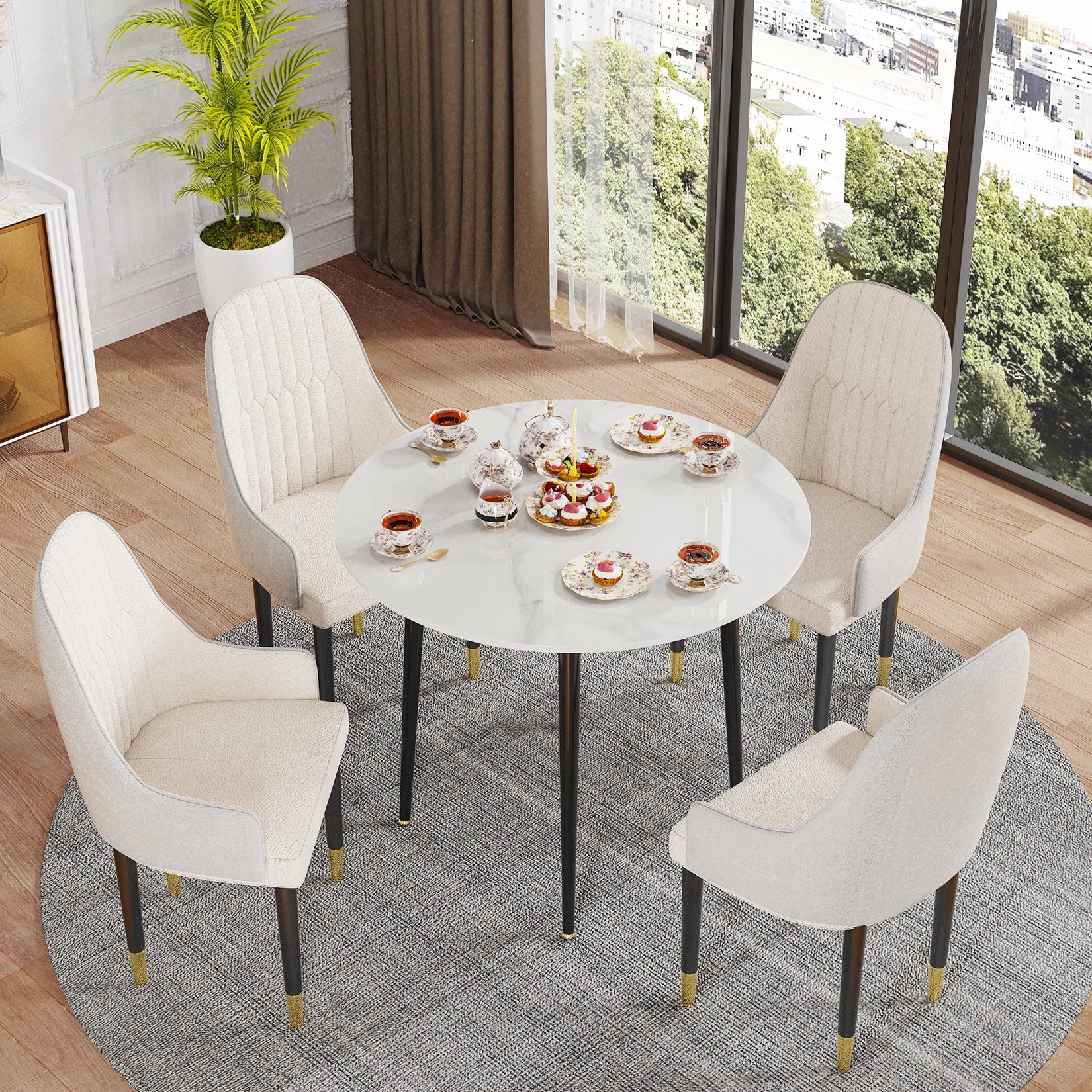 Ronde Eettafel 80 cm Sintersteen – Moderne Marmer Look Tafel met Zwarte Metalen Poten voor 2-4 Personen