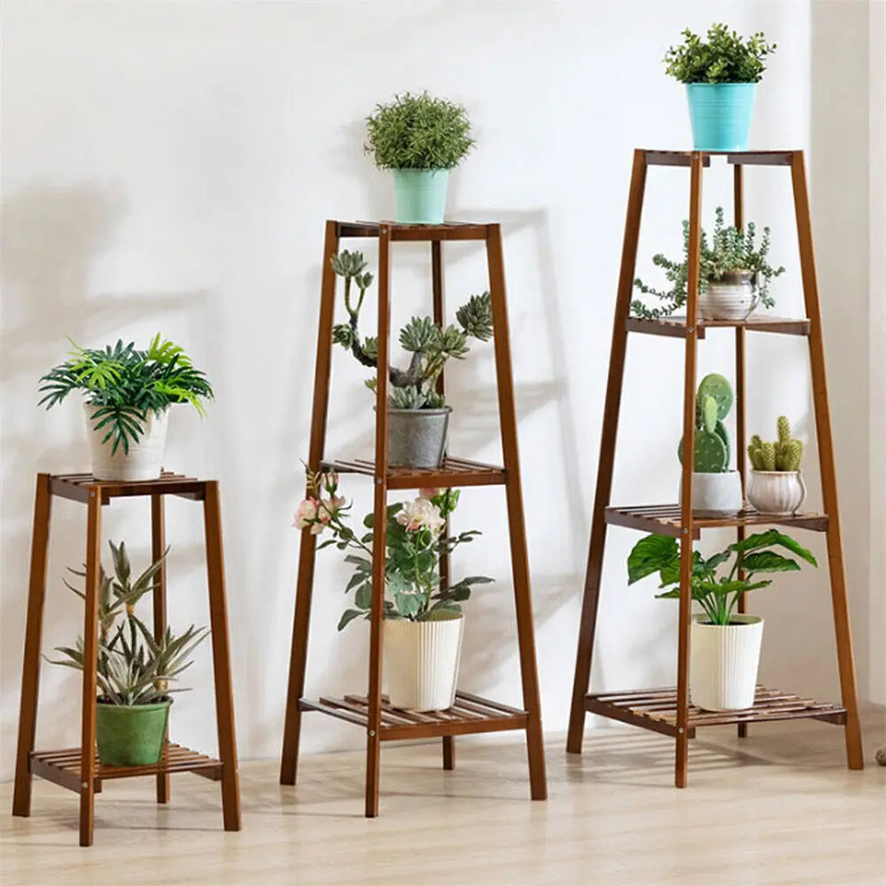 Bamboe Plantenhouder Hoog – Gelaagd Plantenrek Binnen & Buiten – Houten Bloemenrek voor Balkon, Woonkamer & Tuin