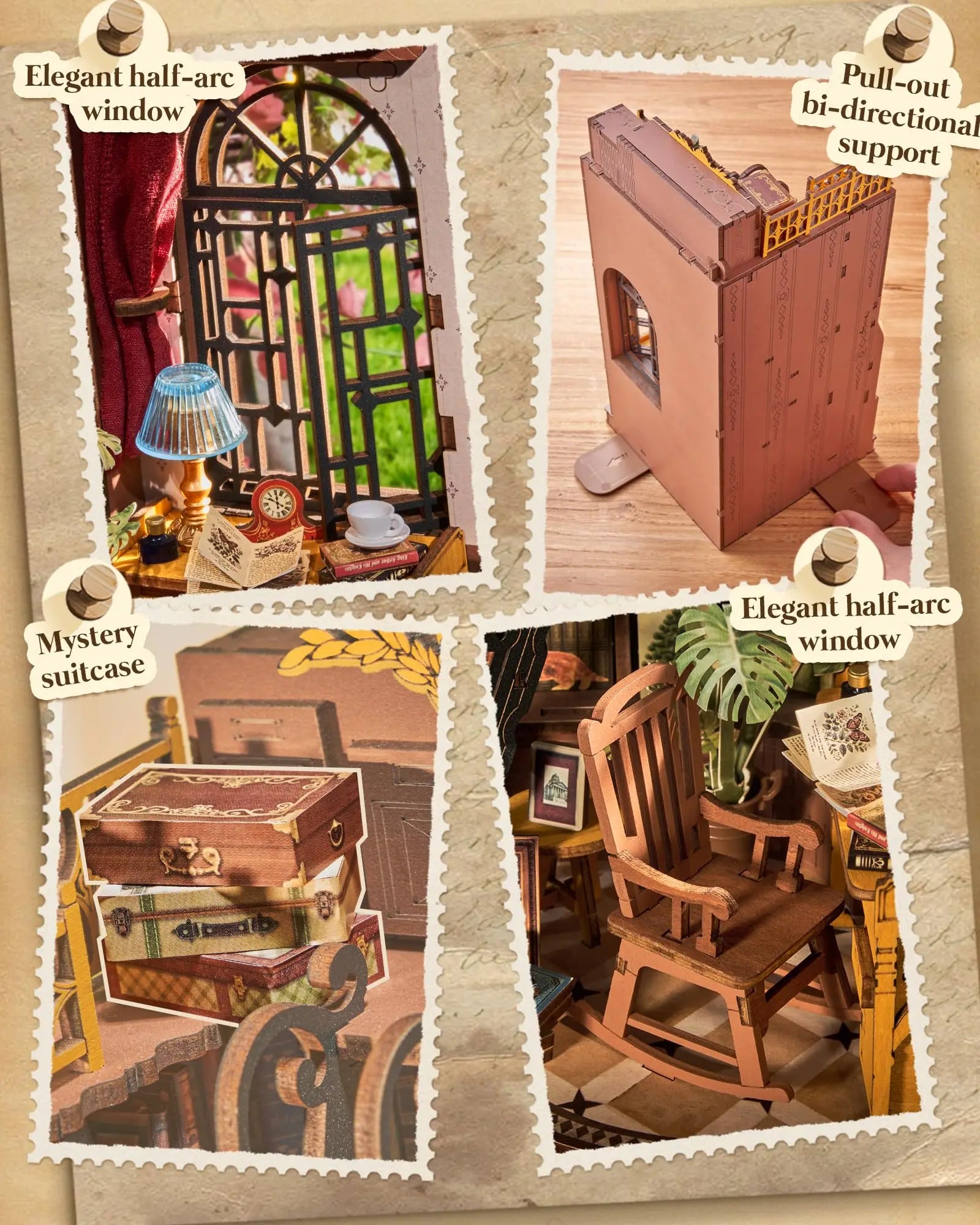 DIY Book Nook Miniatuur Bibliotheek met LED Verlichting – Britse Stijl Boekensteun Bouwpakket – Decoratieve Boekenplank Insert voor Boekenkast