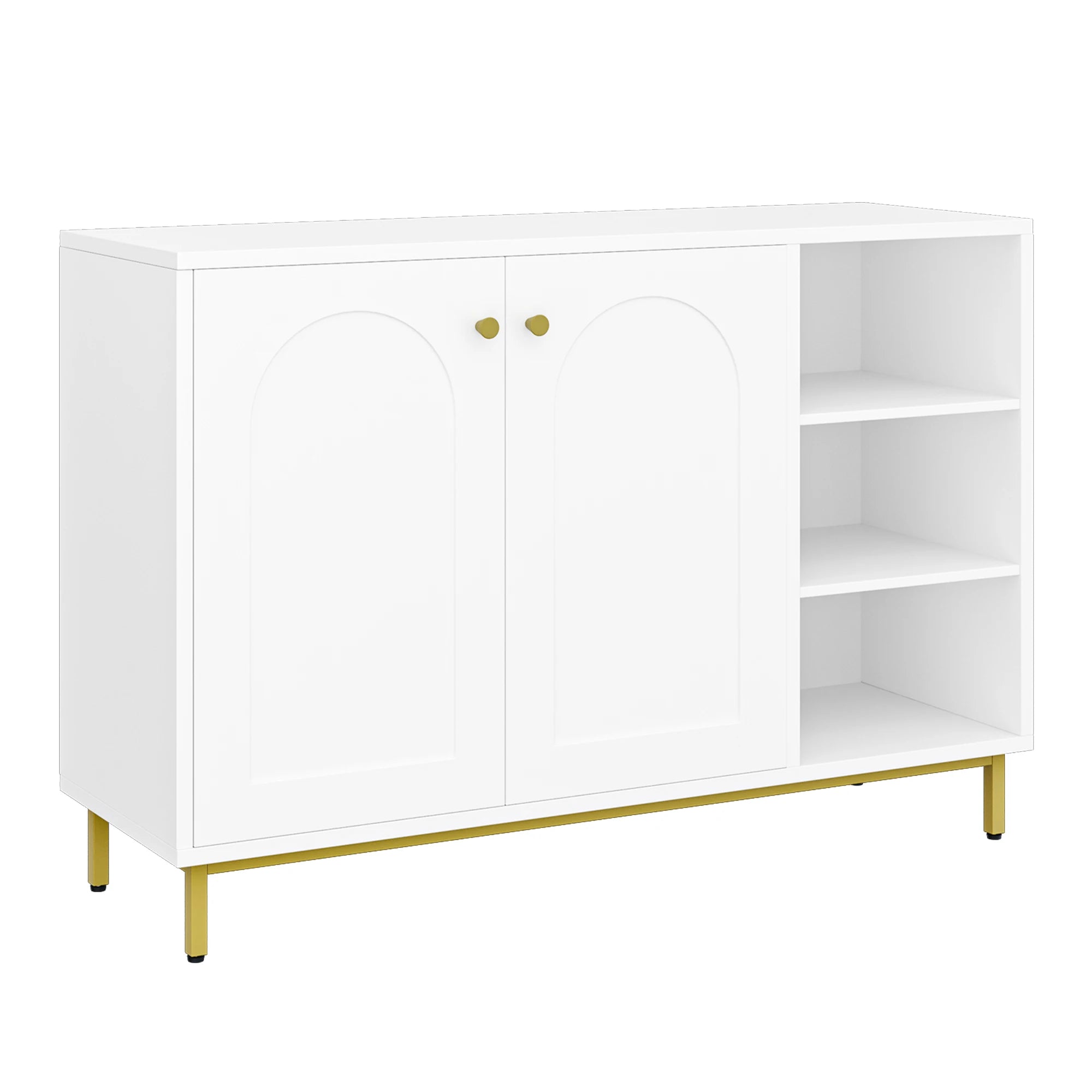 Badkamerkast met Deuren en Open Vakken – Moderne Witte Opbergkast met Verstelbare Plank en Gouden Poten – Multifunctionele Kast voor Badkamer, Woonkamer of Hal