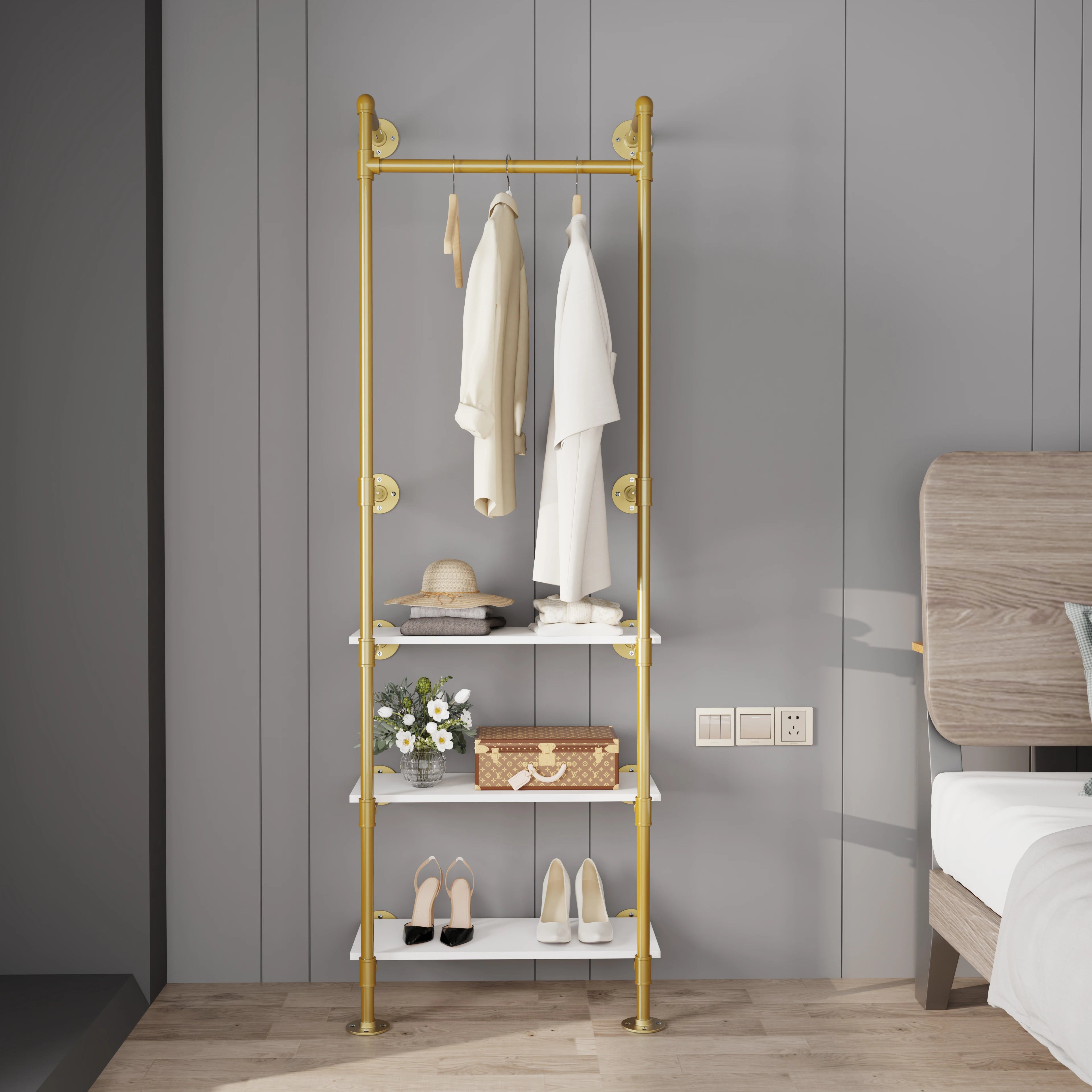 Industriële Wandkledingrek – Goud Metaal Buisrek met 3 Planken, Vintage Wandopbergkapstok