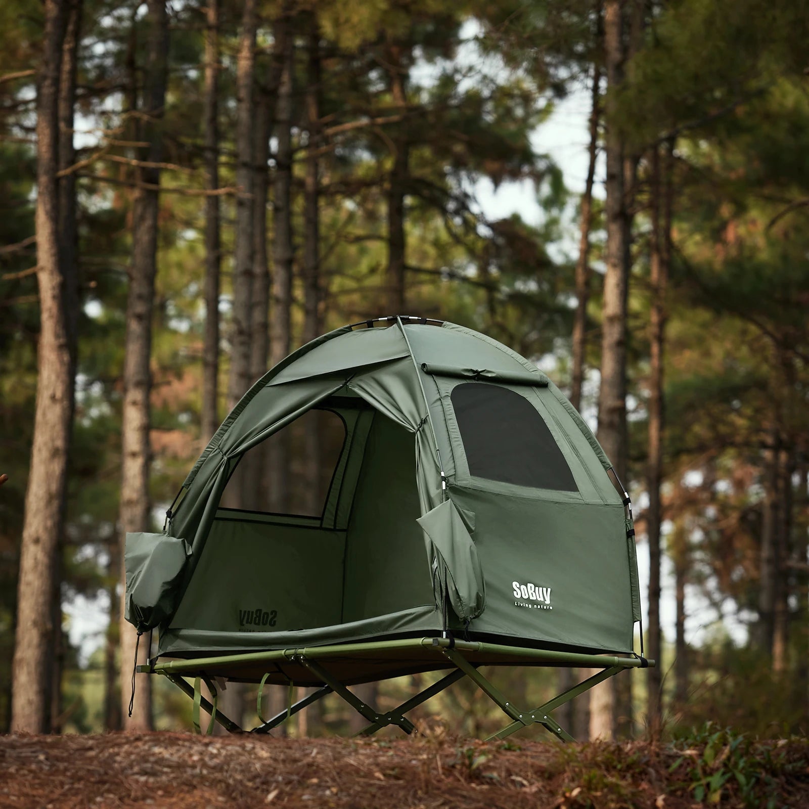 3-in-1 Eenpersoons Campingtent Groen – Lichtgewicht Outdoor Tent met Muskietennet & Opklapbaar Campingbed