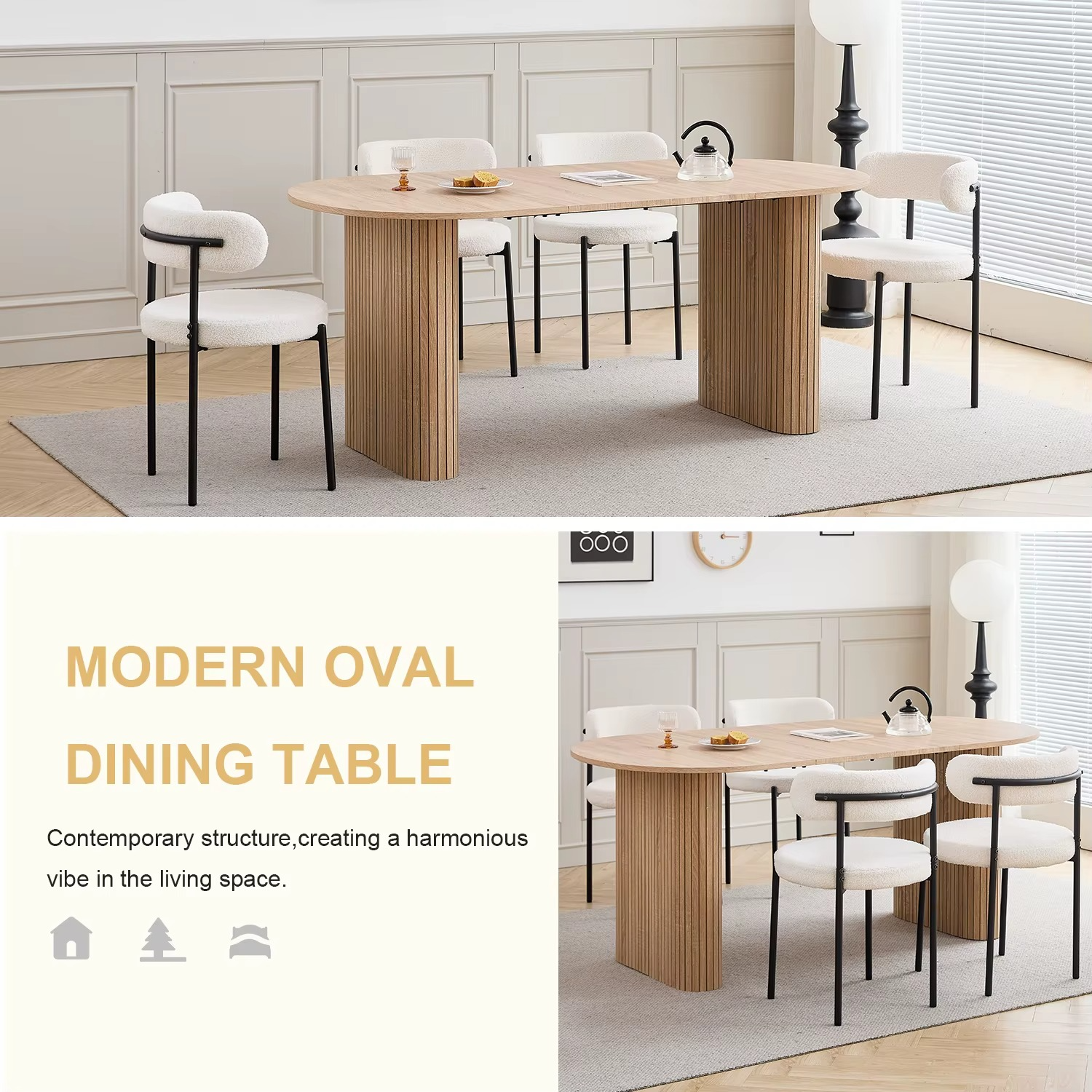 Ovale Eettafel 180×90 cm – Scandinavisch Design, Massief Houten Blad voor 6–8 Personen