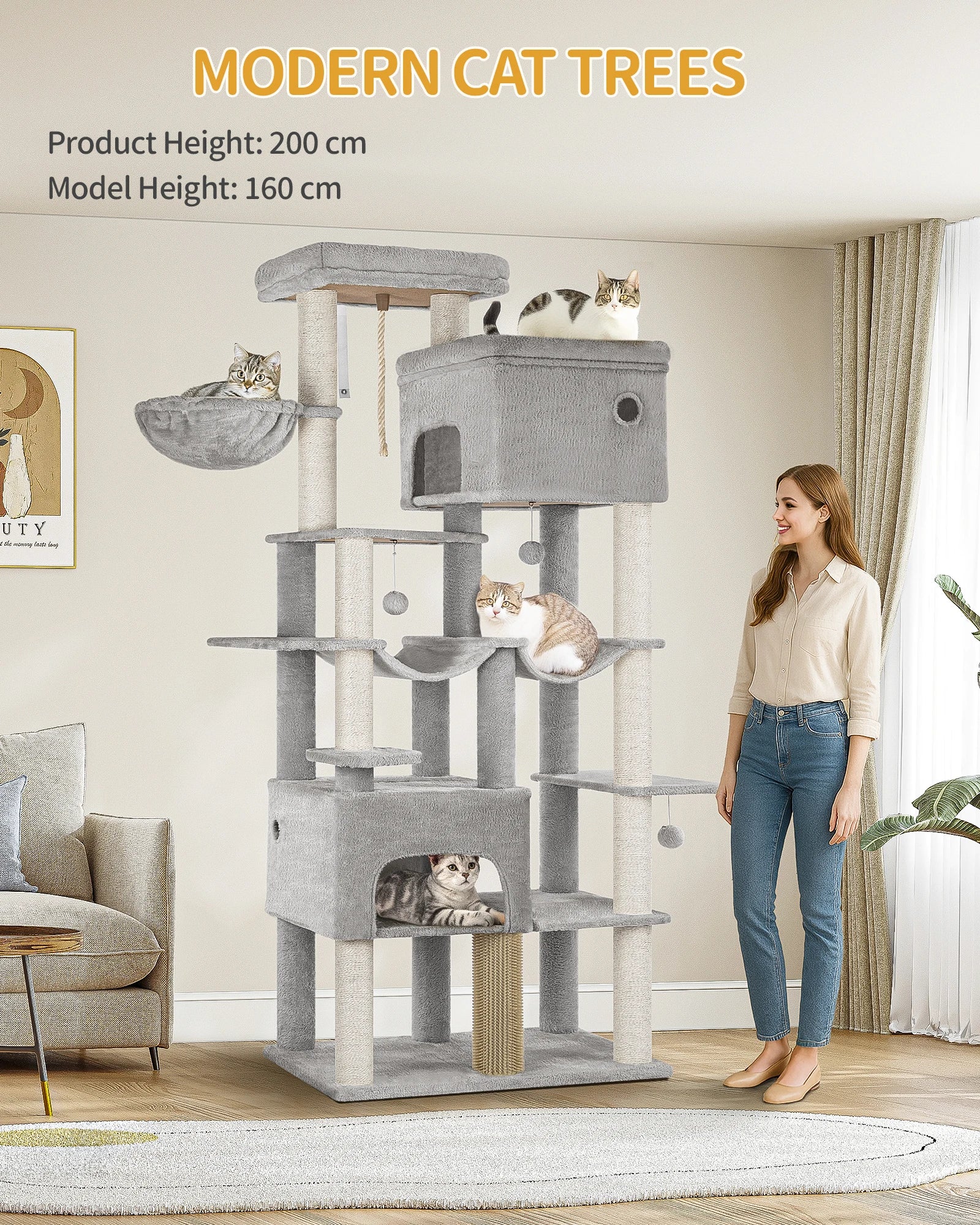 Grote Krabpaal voor Katten XXL – 200 cm Kattenboom met 10 Sisalpalen, 2 Huisjes, Hangmatten & Platform – Voor Grote Katten
