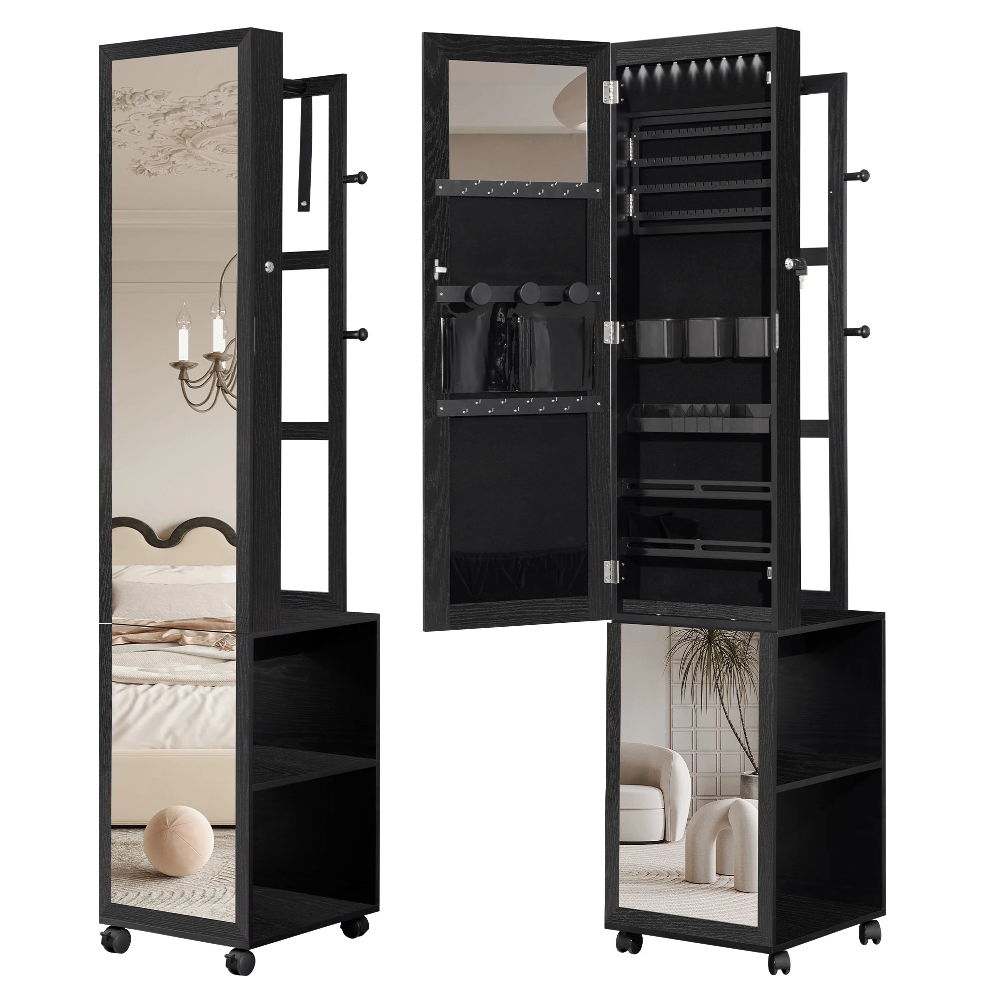Sieradenkast met Spiegel en LED Verlichting – Staande Sieraden Organizer met Kledingrek, Opbergrek en Wielen