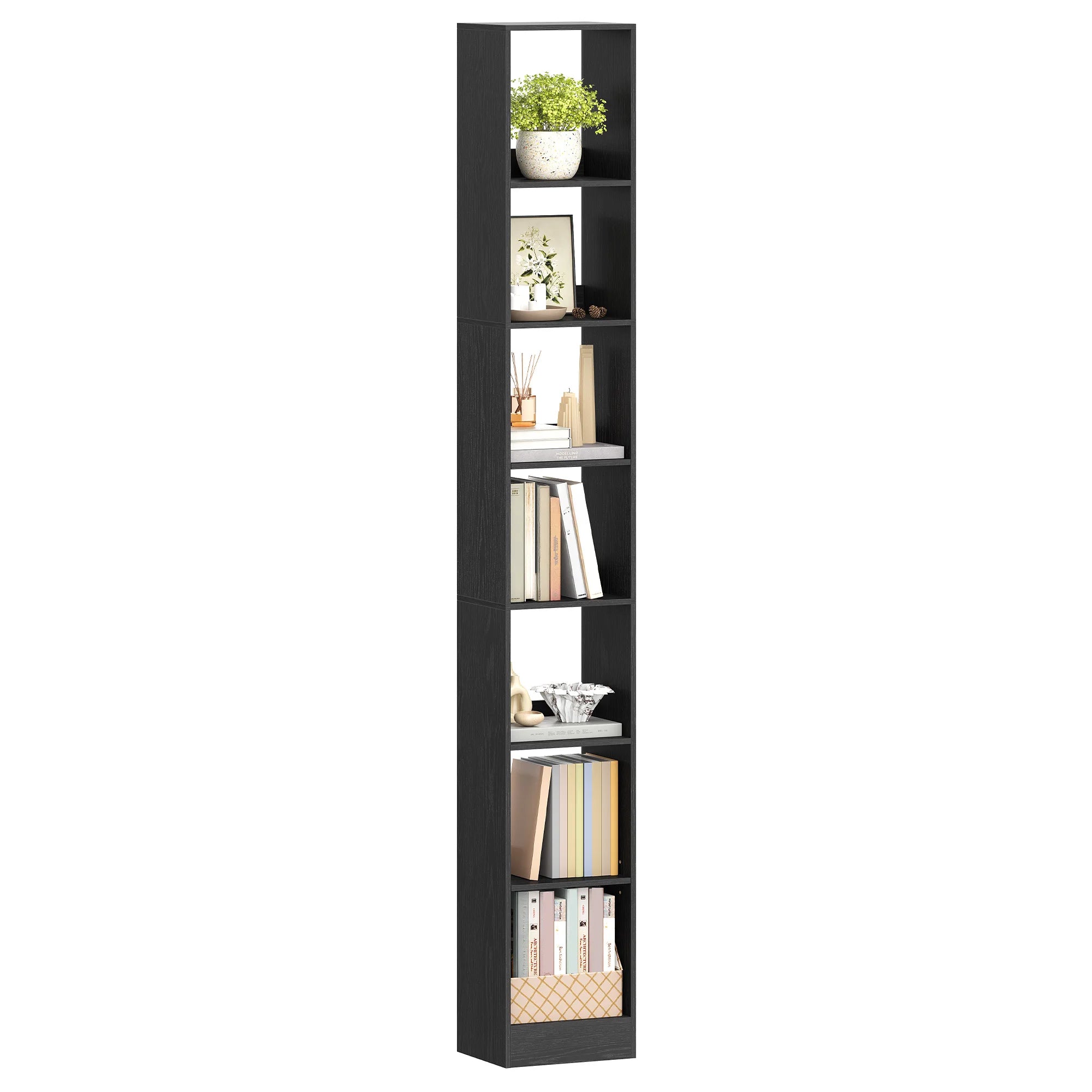 7-Laagse Boekenkast Smal – Moderne Open Kast met Verstelbare Planken – Houten Opbergkast voor Woonkamer, Slaapkamer en Kantoor