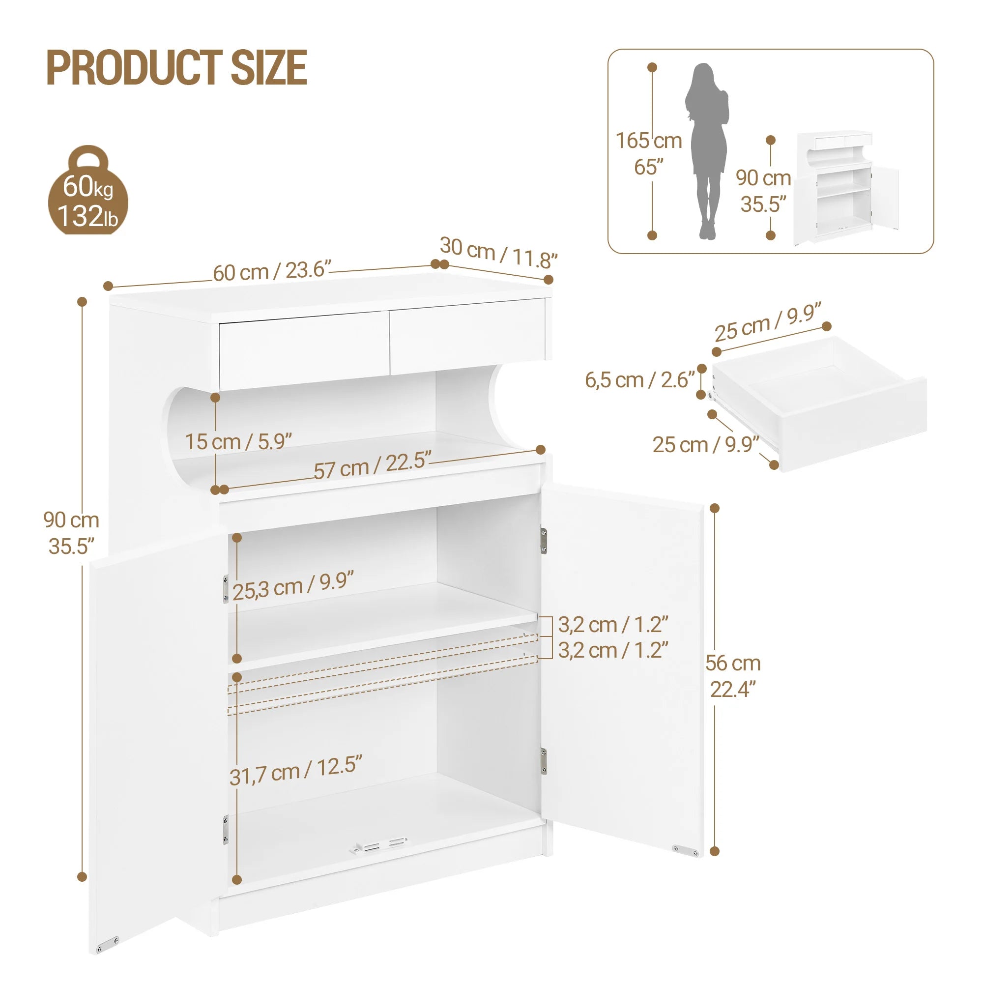 Badkamerkast opbergmeubel met 2 lades en deuren – modern design en maximale opslagruimte