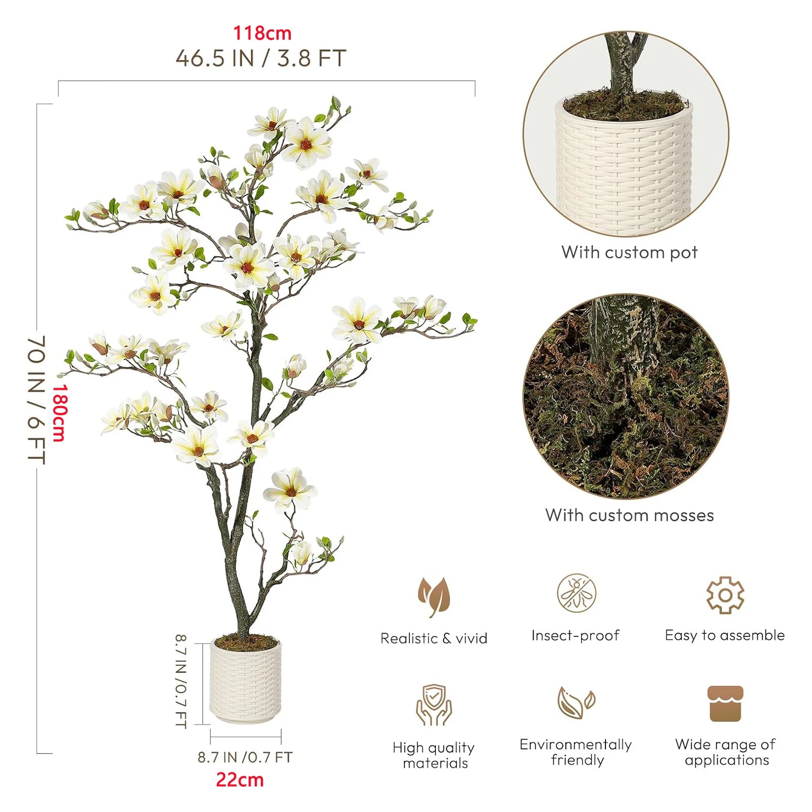 Kunstmatige Magnolia Plant 120–180 cm – Grote Nep Magnolia Boom voor Binnen & Buiten – Realistische Bloemen – Onderhoudsvrij – Luxe Woondecoratie