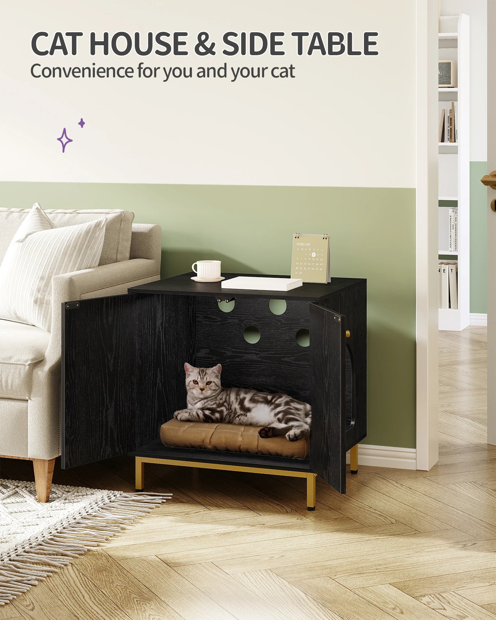Kattenbak Kast – Stijlvolle Kattenbak Verbergmeubel met Zij-ingang en Zijtafel‑functie
