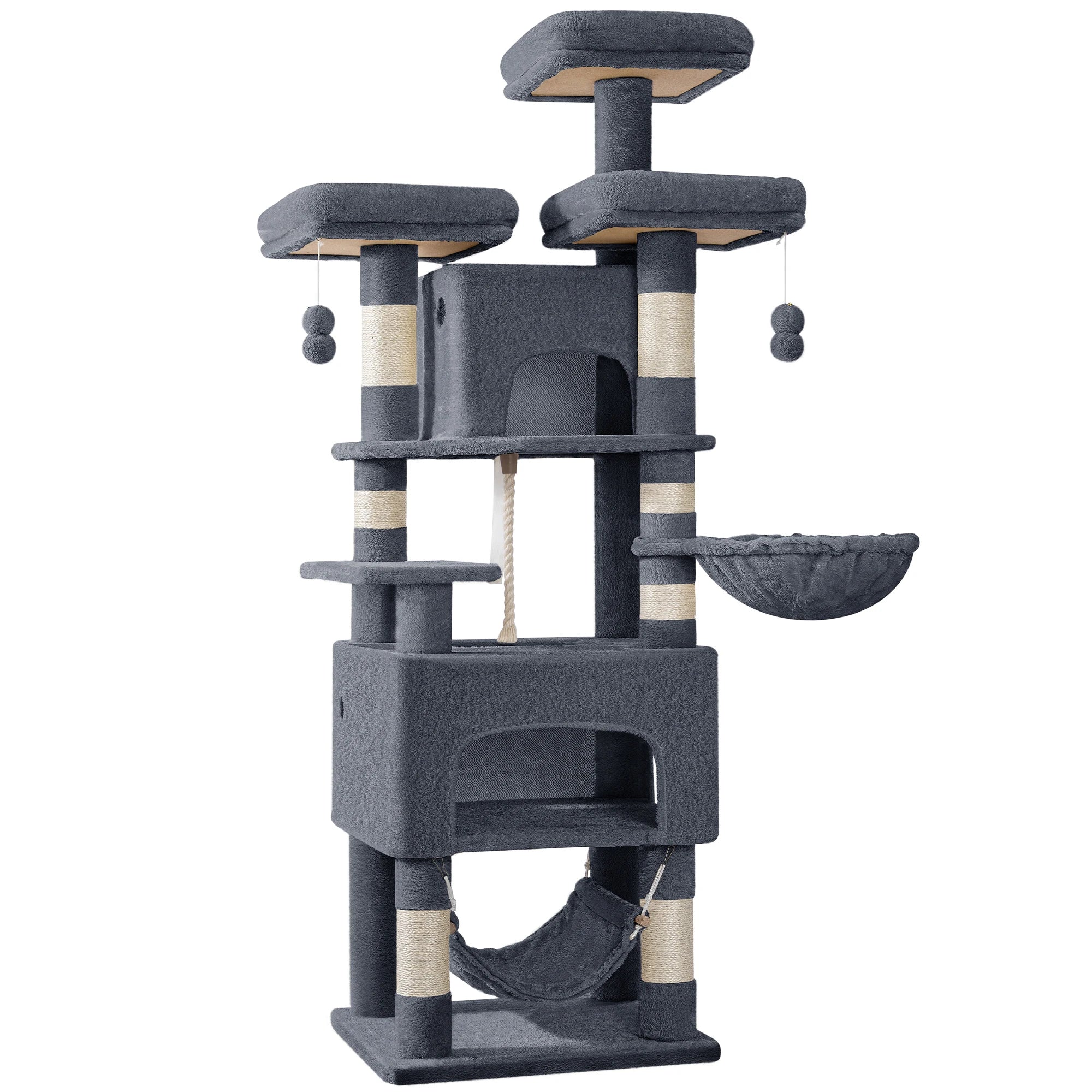 XL Kattenboom 176 cm – Krabpaal met 3 Plateaus, 2 Huisjes & Hangmat – Stevige Kattenkrabpaal voor Meerdere Katten