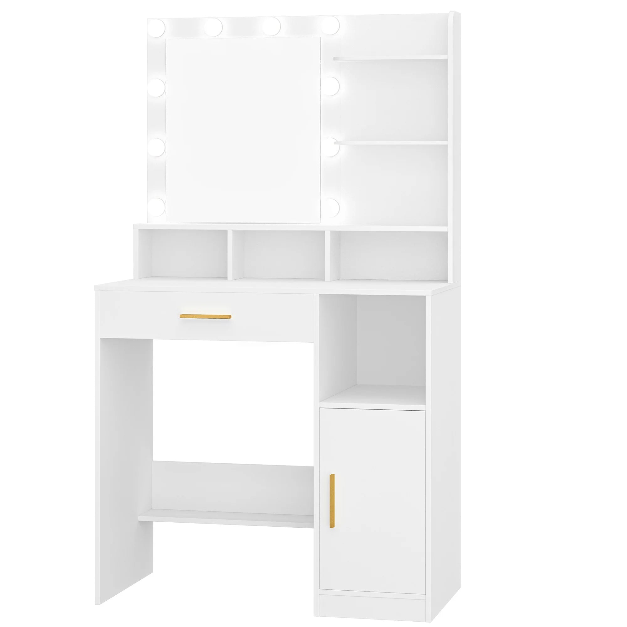 Make-up Tafel met Spiegel en LED Verlichting – Dressing Table met Lade, Planken en Opbergruimte – Modern Minimalistisch