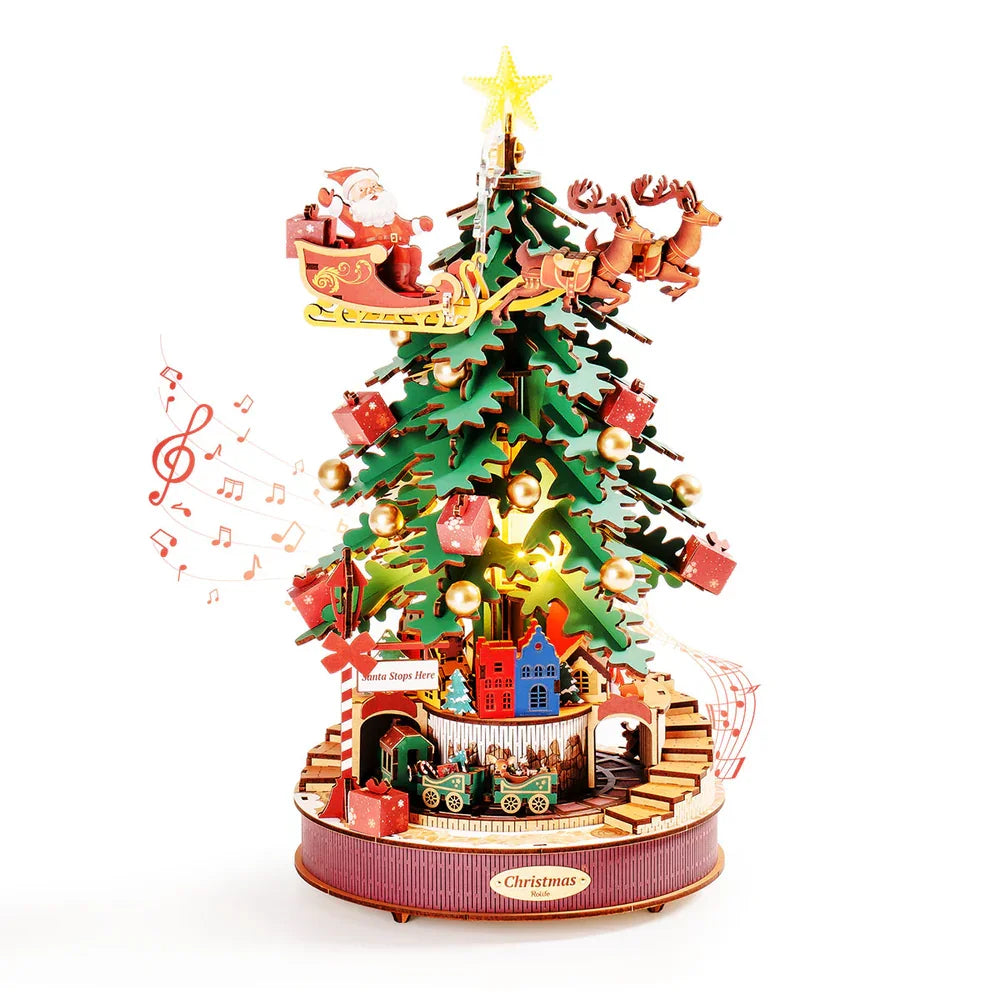 3D Houten Kerstboom Muziekdoos met Licht – DIY Kerstpuzzel met Kerstmelodieën – Decoratieve Kerst Muziekdoos voor Tafeldecoratie en Cadeau