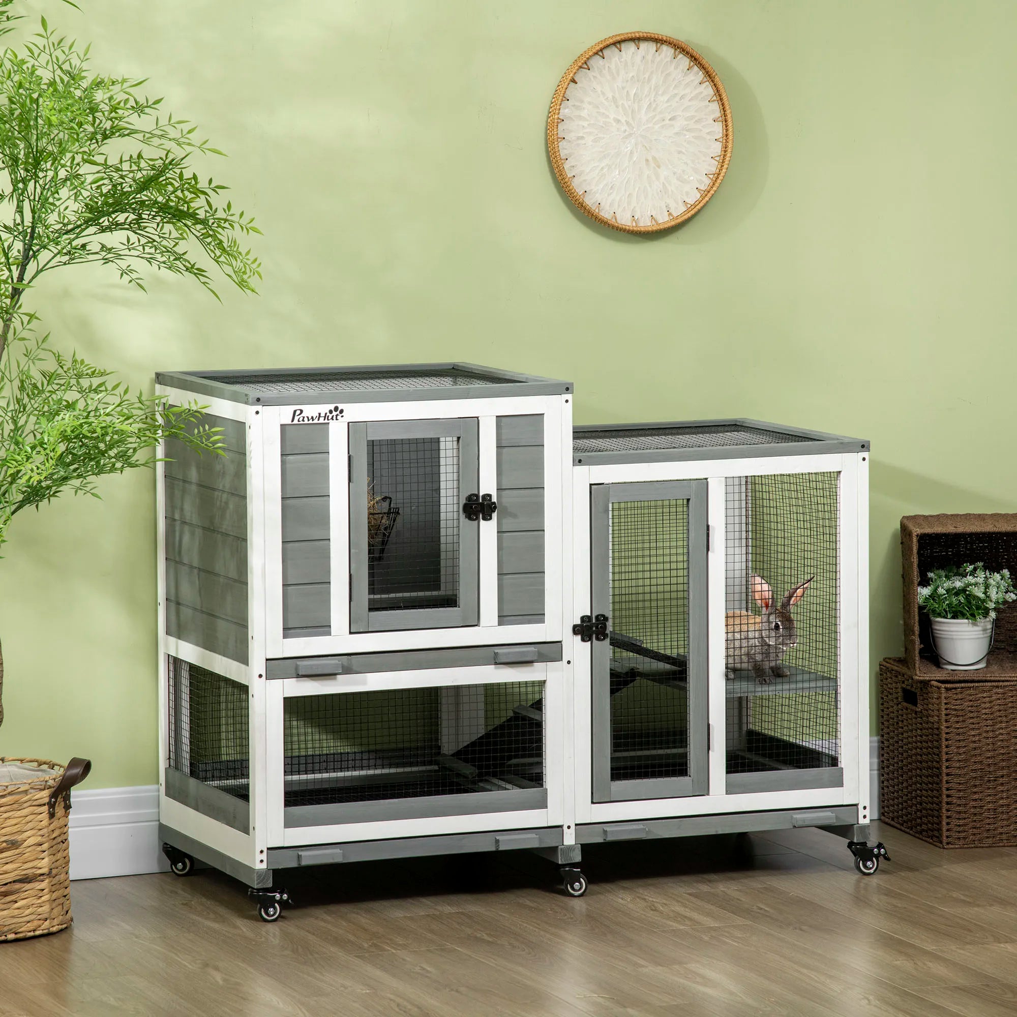 Houten Konijnenhok Binnen met Wielen 110x50x86 cm – Ruim Dierenverblijf met Lade & Helling voor Konijnen en Knaagdieren