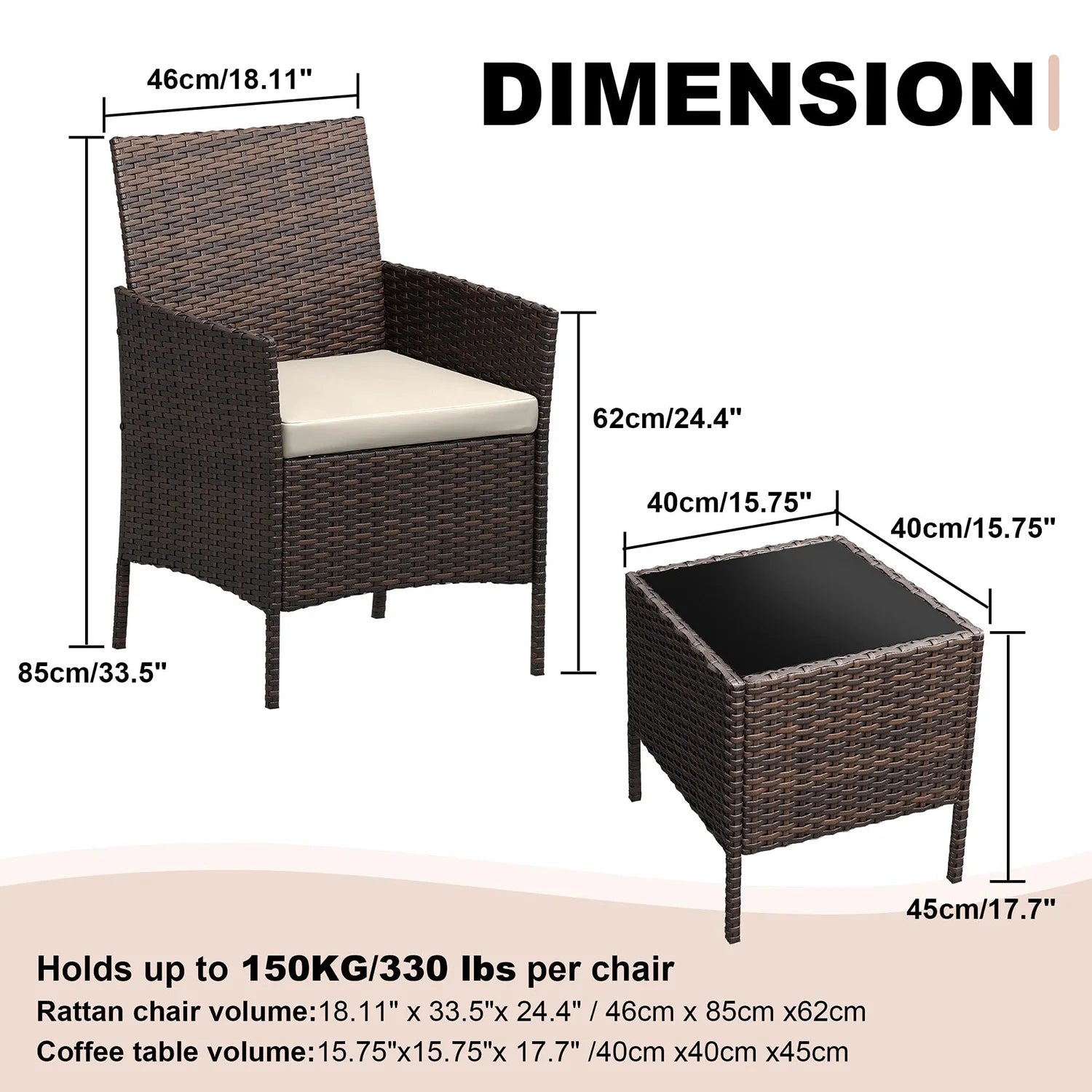 3-Delige Rotan Bistroset met Kussens – 2 Tuinstoelen & Glazen Salontafel – Tuinset voor Tuin, Terras & Veranda