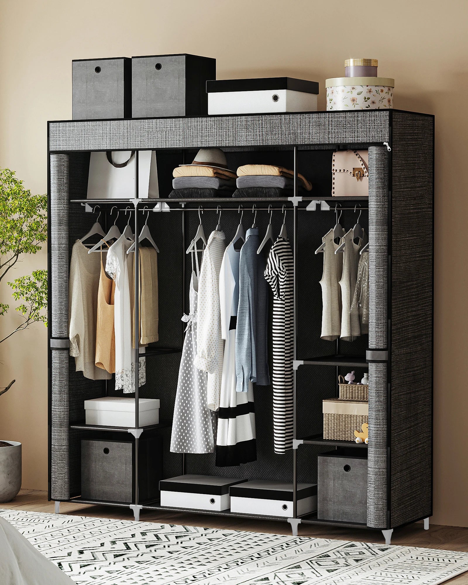 Opvouwbare Kledingkast met Stof – 162x43x175 cm – Draagbare Garderobekast met 3 Hangroedes en 9 Opbergvakken – Zwarte Stoffen Kast voor Slaapkamer