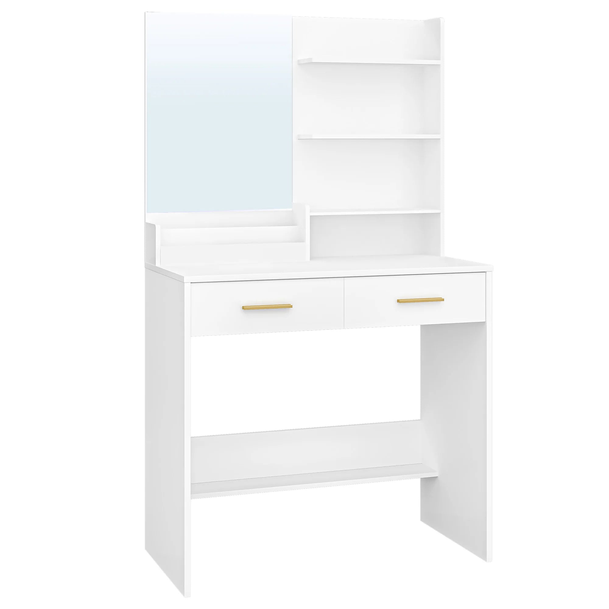 Kaptafel met Spiegel en Lades – Witte Make-up Tafel met Opbergruimte, 4 Open Planken & 2 Lades – Moderne Vanity Tafel Slaapkamer