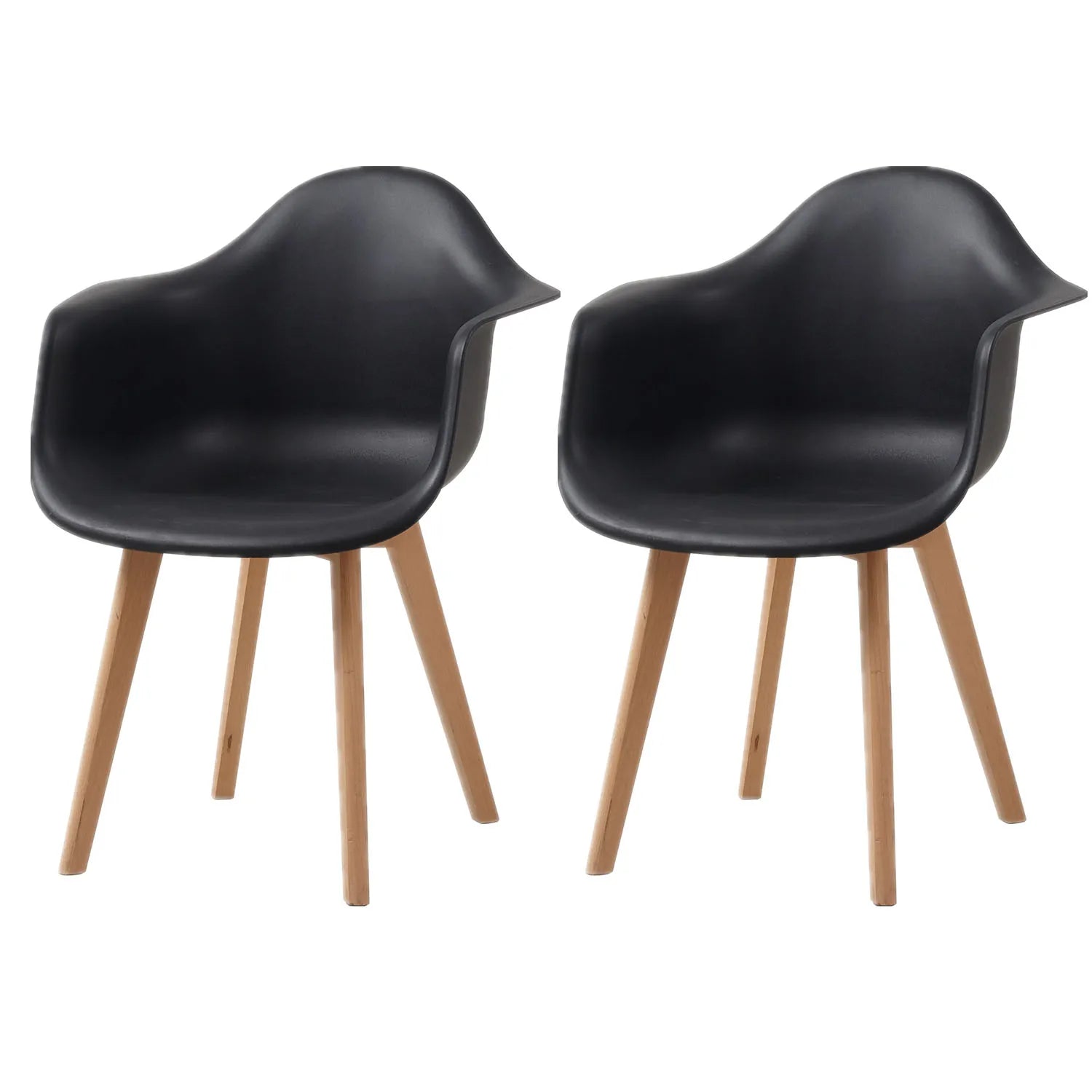Set van 2 Retro Eetkamerstoelen met Armleuning – Scandinavische Design Stoelen met Beukenhouten Poten – Moderne Kunststof Kuipstoelen