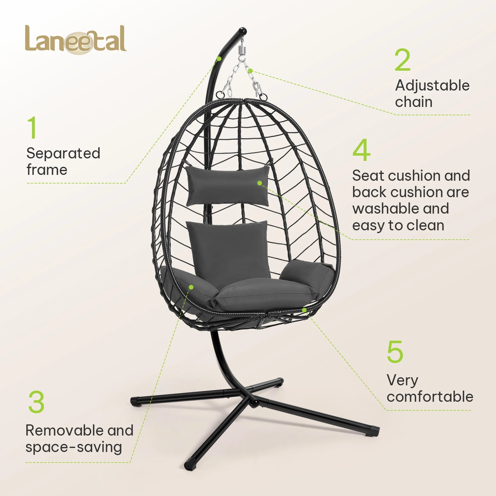 Egg Chair Hangstoel met Standaard – Schommelstoel voor Tuin, Balkon & Woonkamer – Inclusief Kussen en Hoofdsteun – Belastbaar tot 150 kg