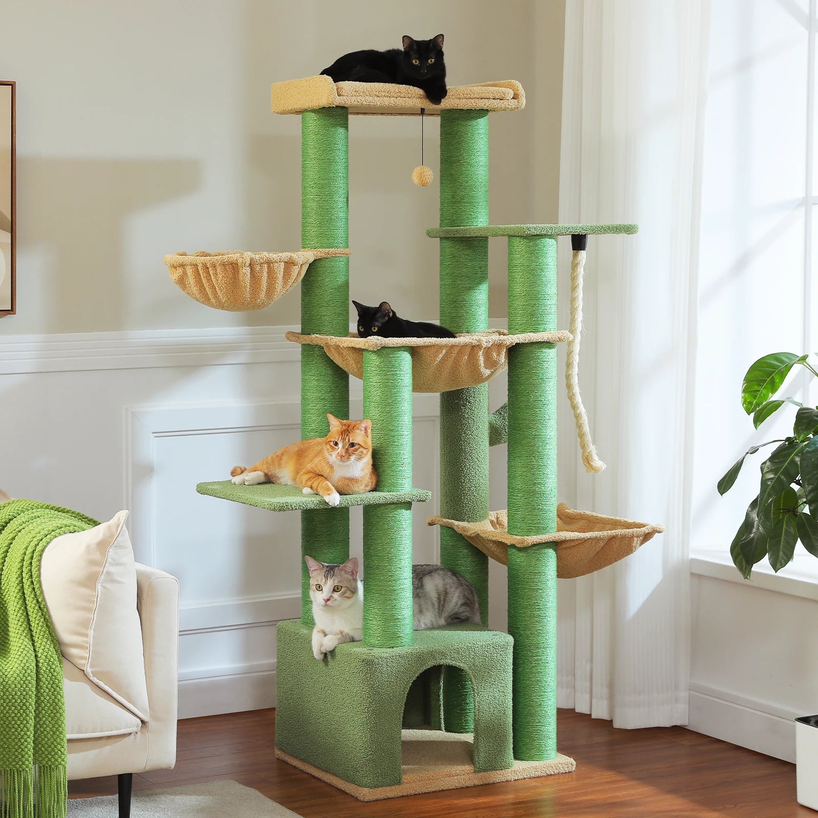 Grote Kattenboom voor Grote Katten – Robuuste Krabpaal met 11 Sisal Palen, Hangmatten en Kattenhuis