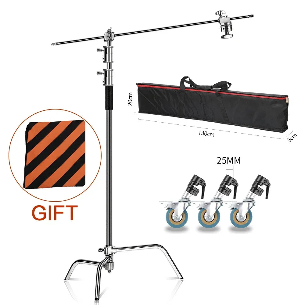 Heavy Duty C-Stand Lichtstatief 2,6M / 3,3M – RVS Fotografie Statief voor Studio, Camera, Softbox en LED Lamp