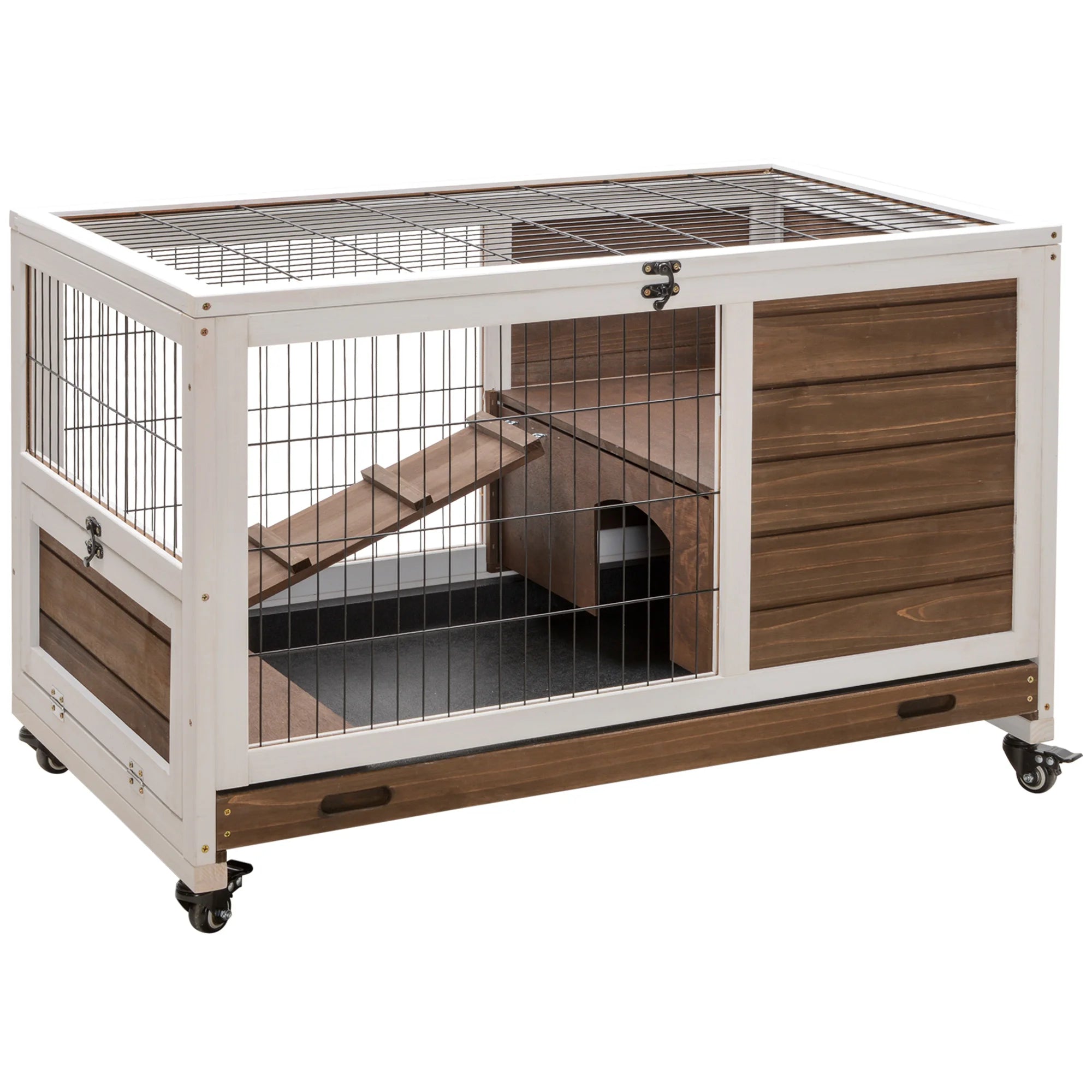 Konijnenkooi met Open Dak en Lade 90×53×59 cm – Houten Konijnenhok met Wielen voor Konijnen en Cavia’s