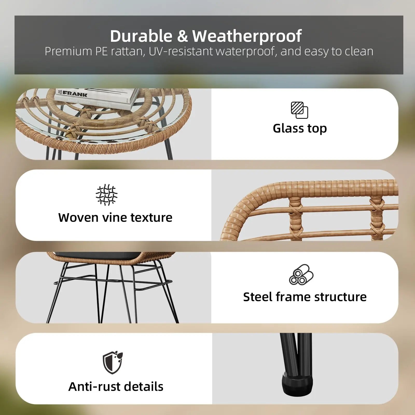 3-Delige Rotan Bistroset met Kussens – 2 Tuinstoelen & Glazen Bijzettafel – Balkonset voor Tuin, Terras & Balkon